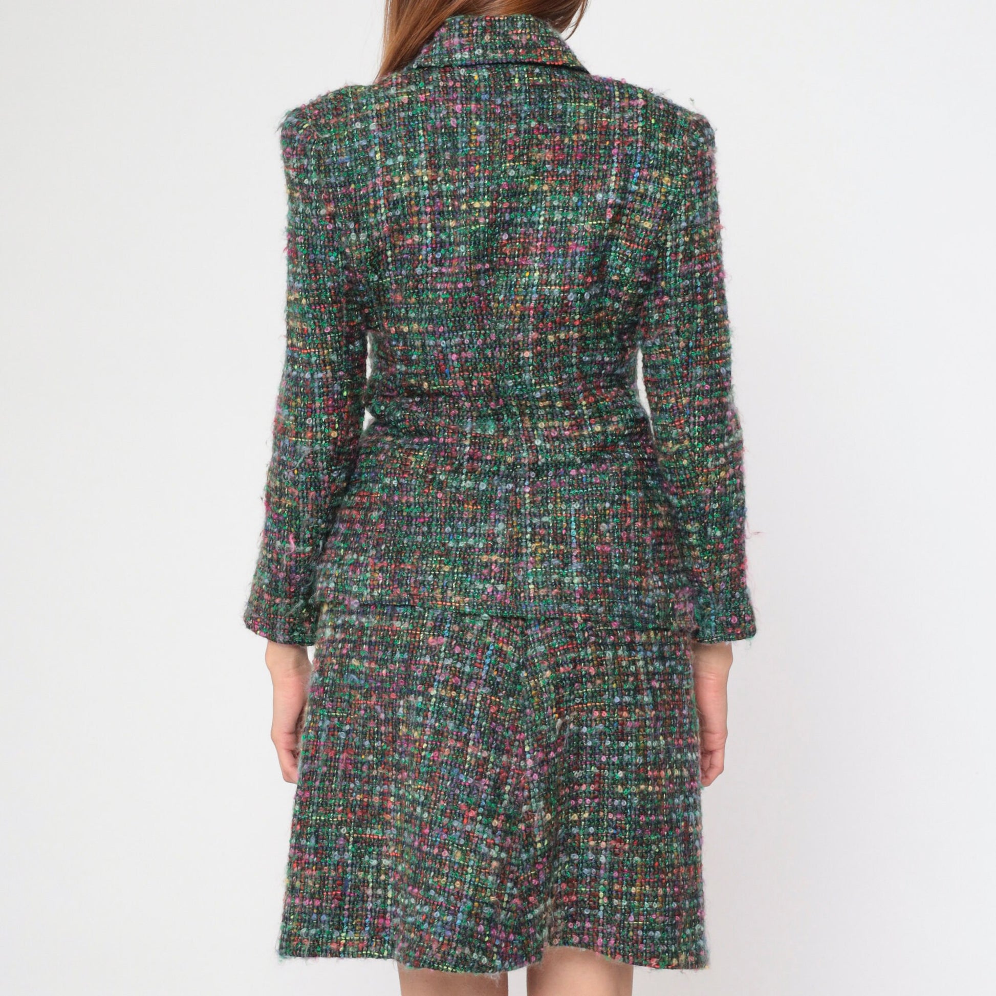 70s Multicolor Tweed Two Piece Suit Jacket and Pencil Skirt Set Medium M