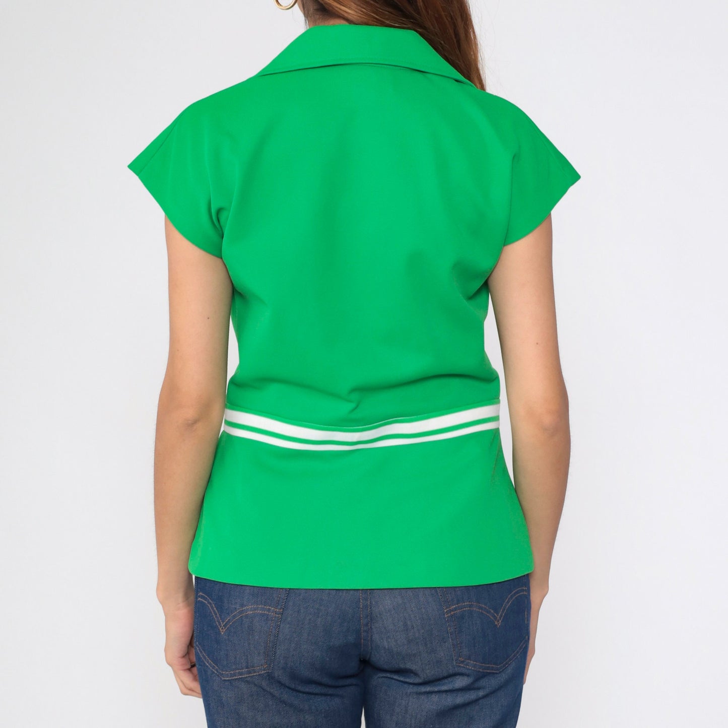 70s Green Button-Up Blouse White Striped Cap Sleeve Collared Shirt Medium