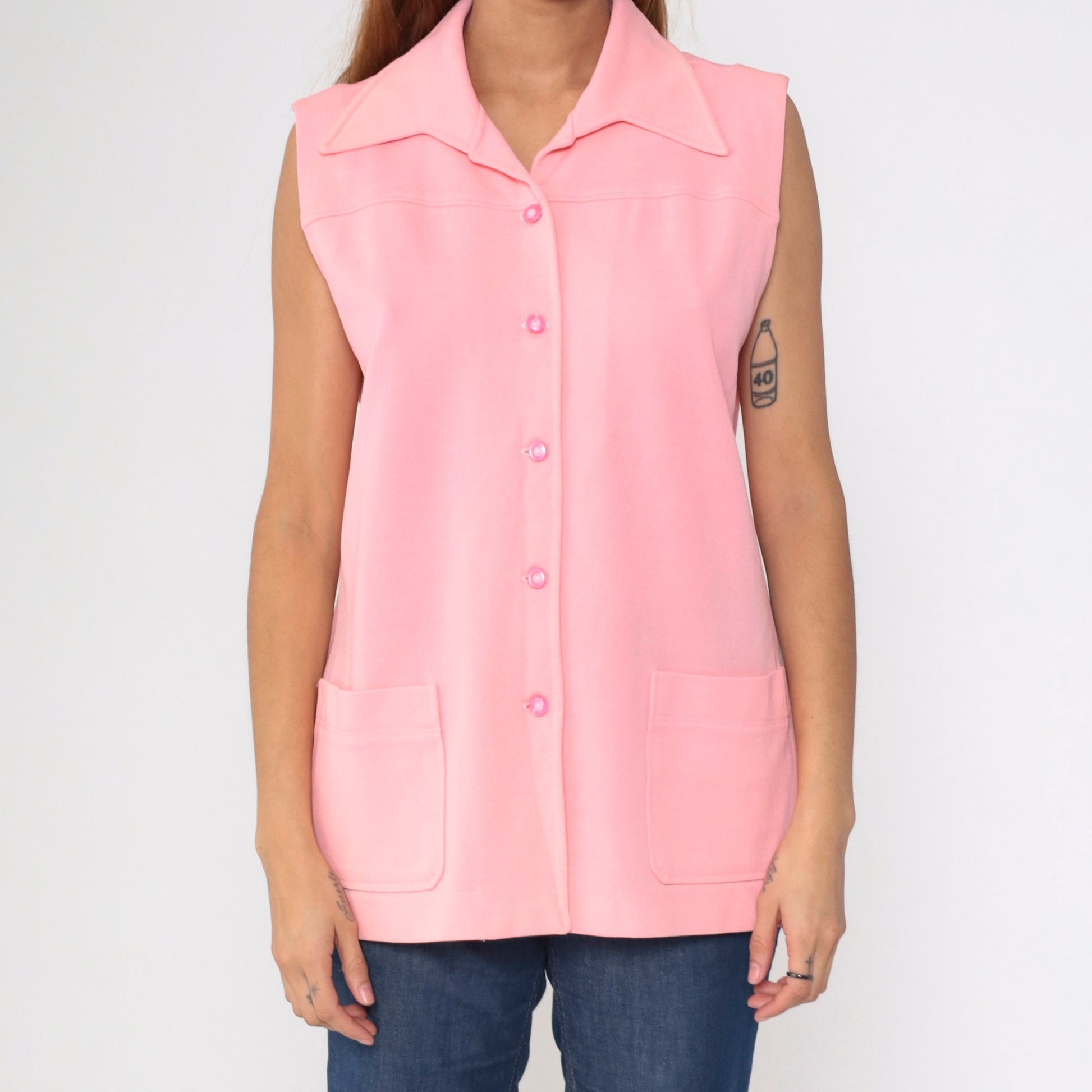 70s Pink Wing Collar Tank Top Button-Up Blouse Longline Large L