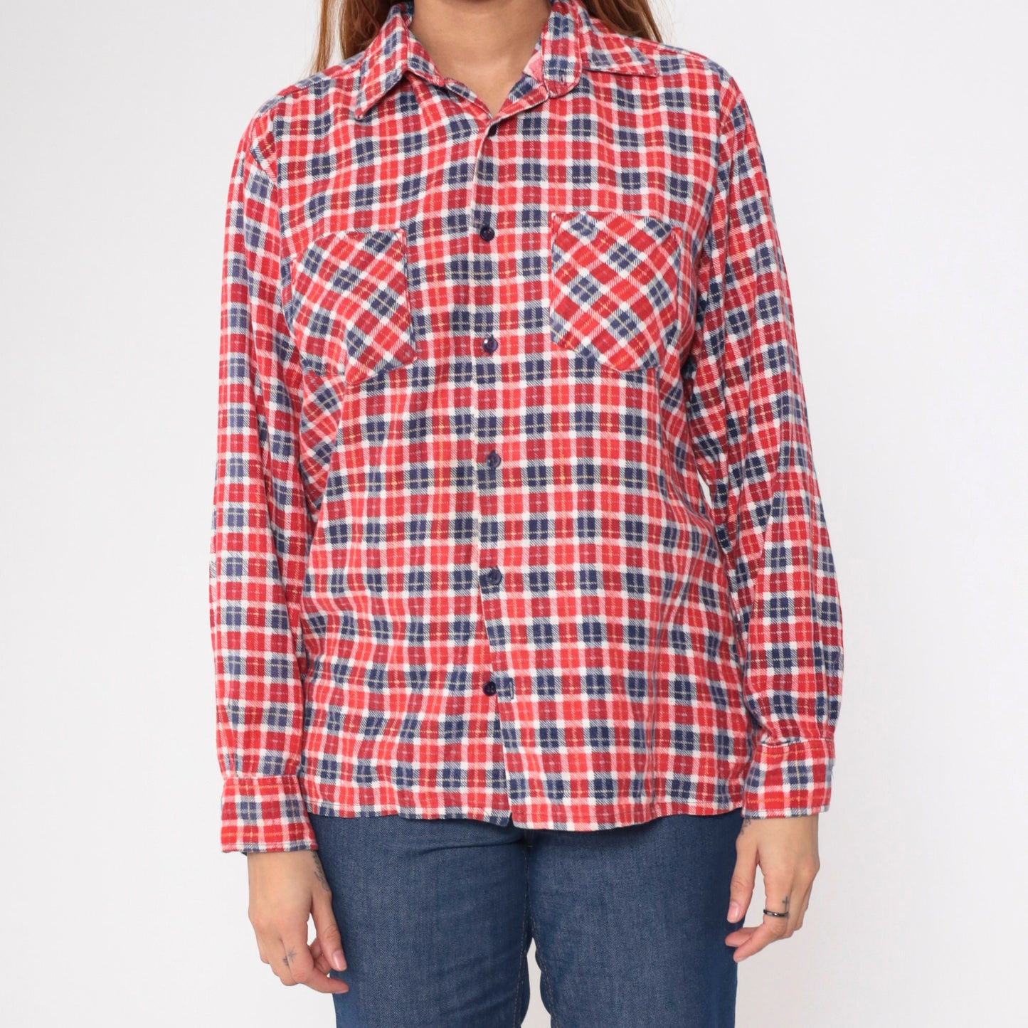 90s Red White Blue Plaid Flannel Shirt Cotton Button-Up Medium