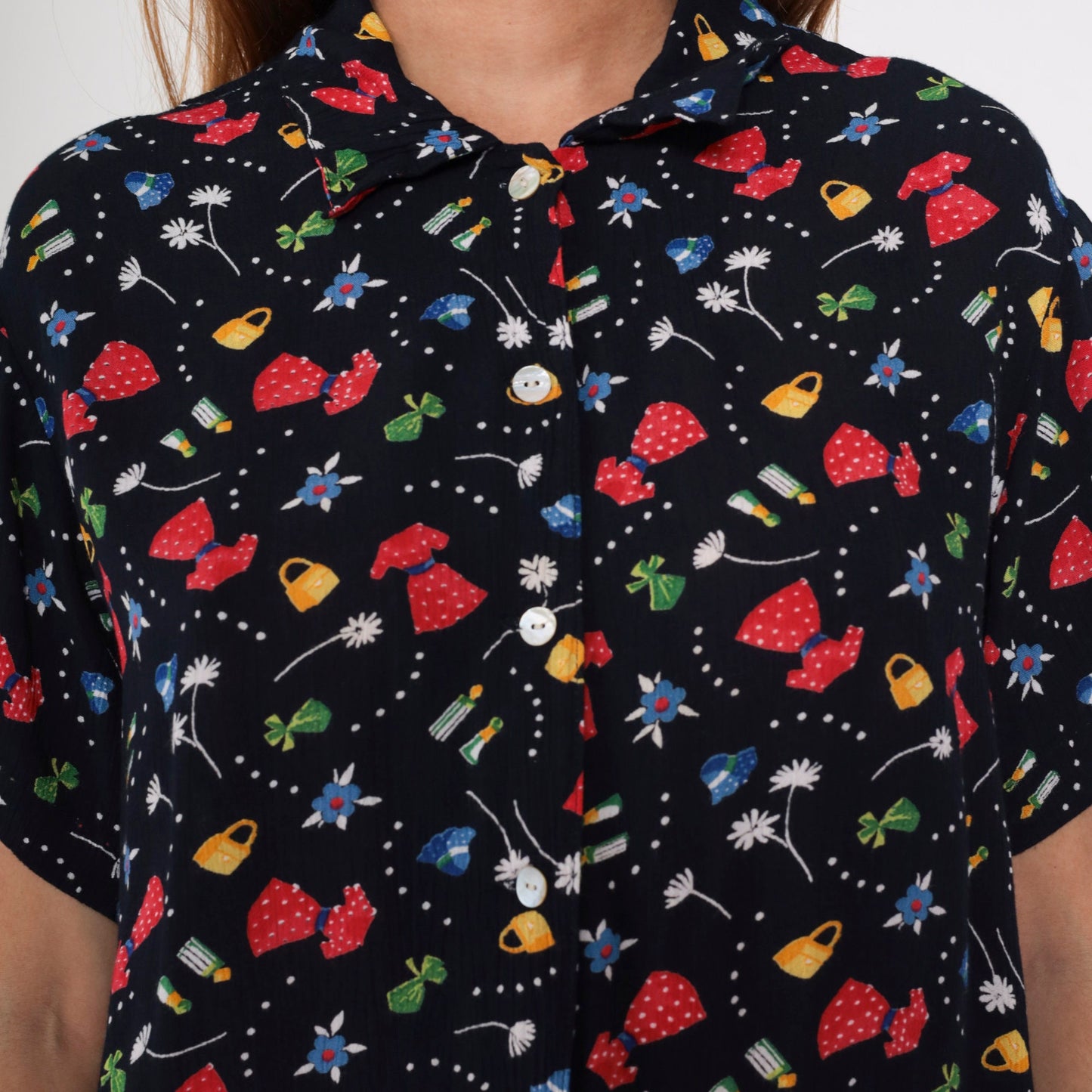 90s Fashion Print Black Button-Up Blouse Floral Purse Dress Graphic Medium Large