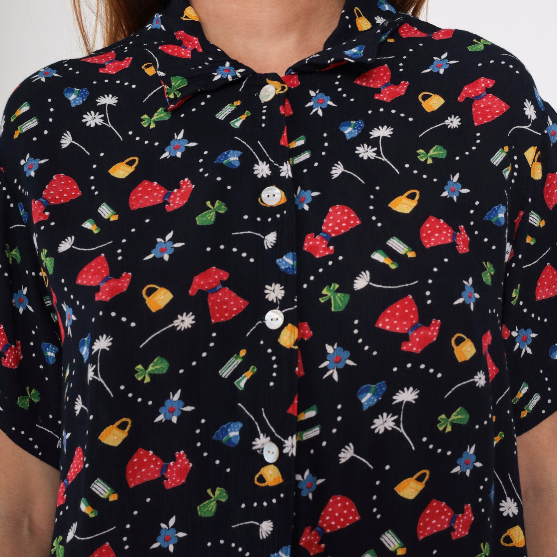 90s Fashion Print Black Button-Up Blouse Floral Purse Dress Graphic Medium Large