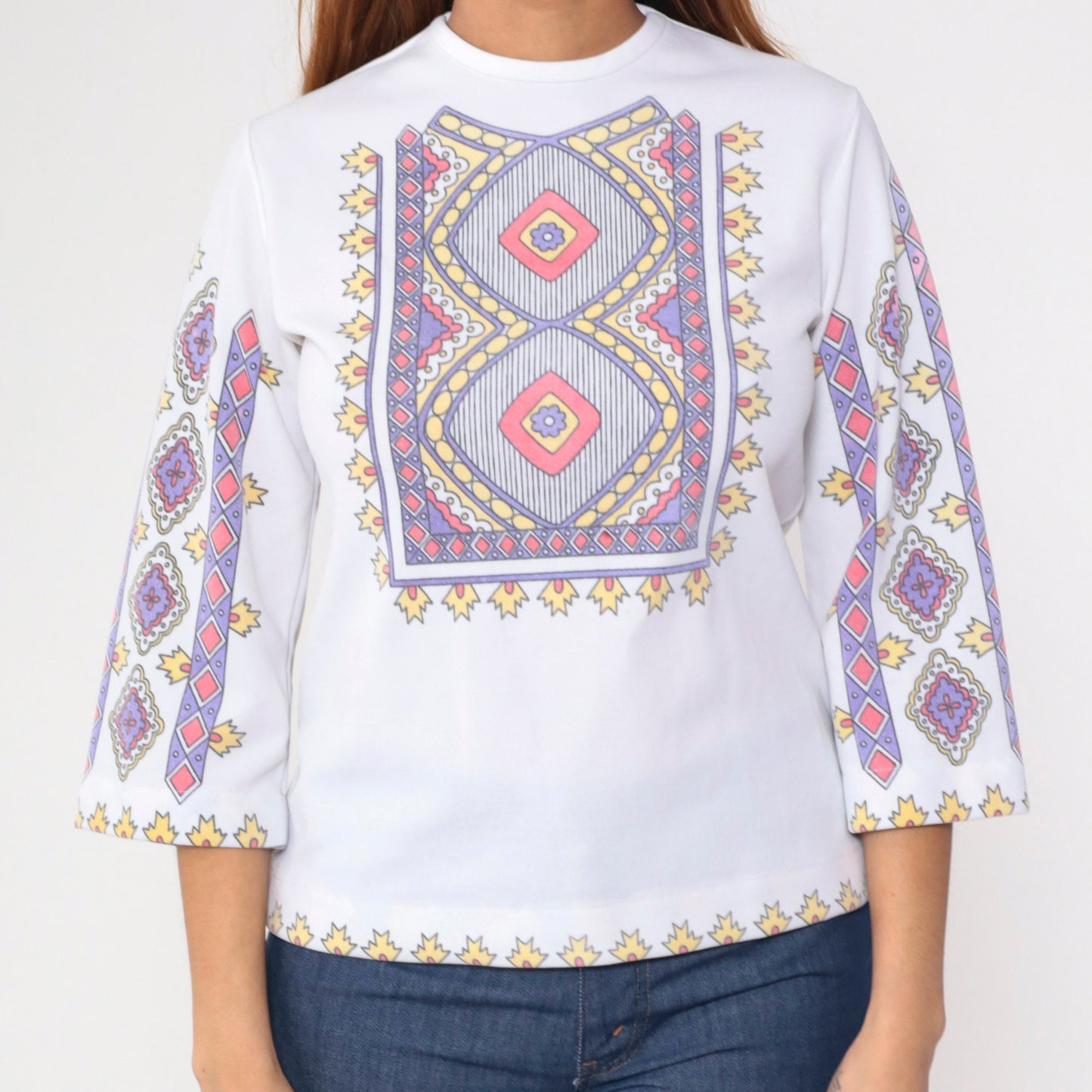70s Geometric Floral Graphic Blouse White 3/4 Sleeve Zip Back Small