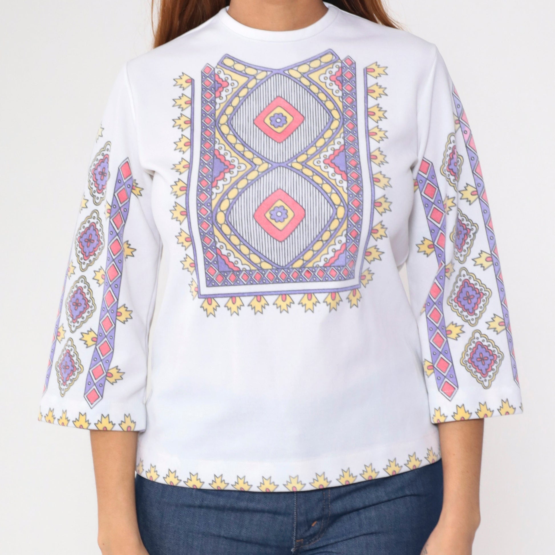 70s Geometric Floral Graphic Blouse White 3/4 Sleeve Zip Back Small