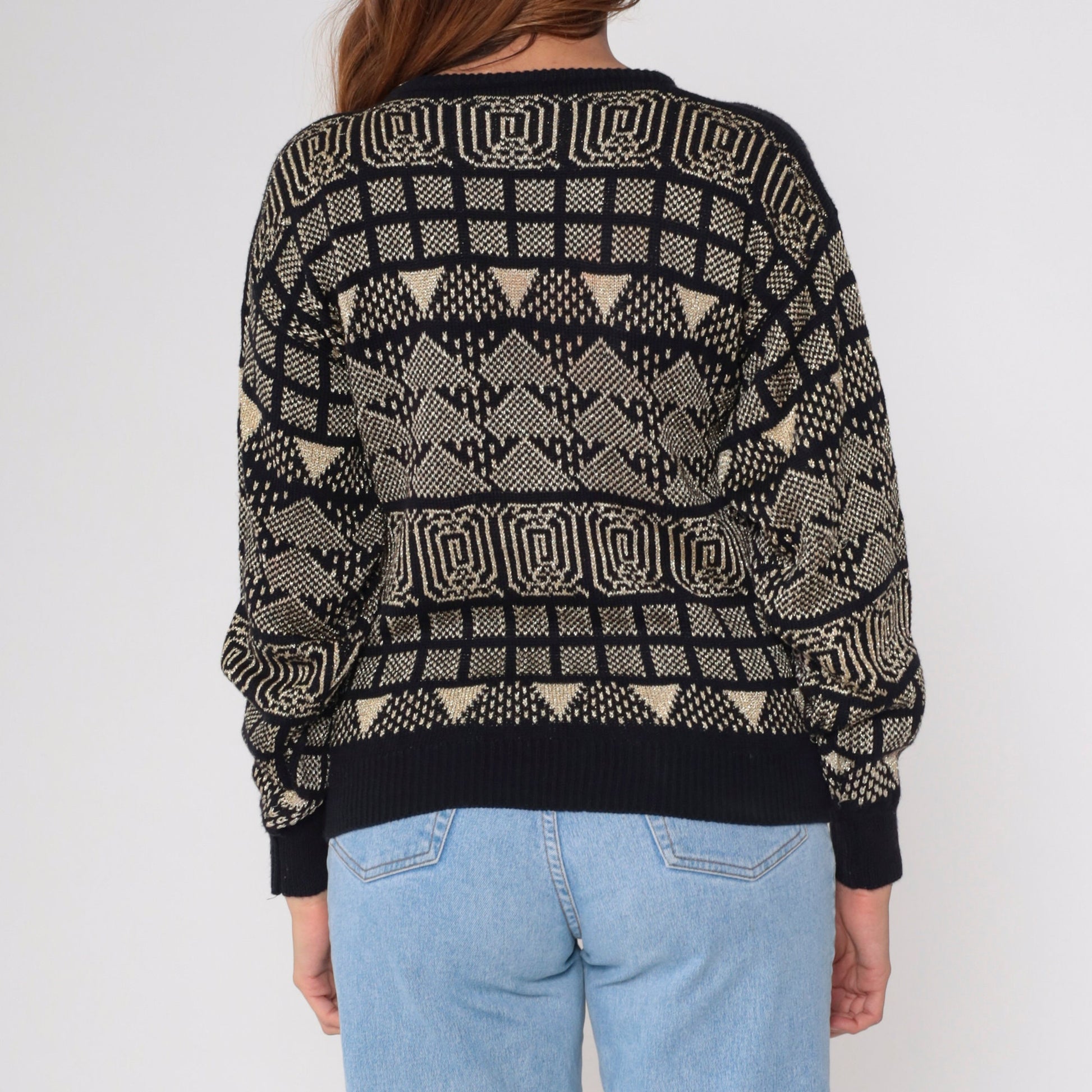 80s Campus Casuals Metallic Geometric Sweater Black Gold Jacquard Small