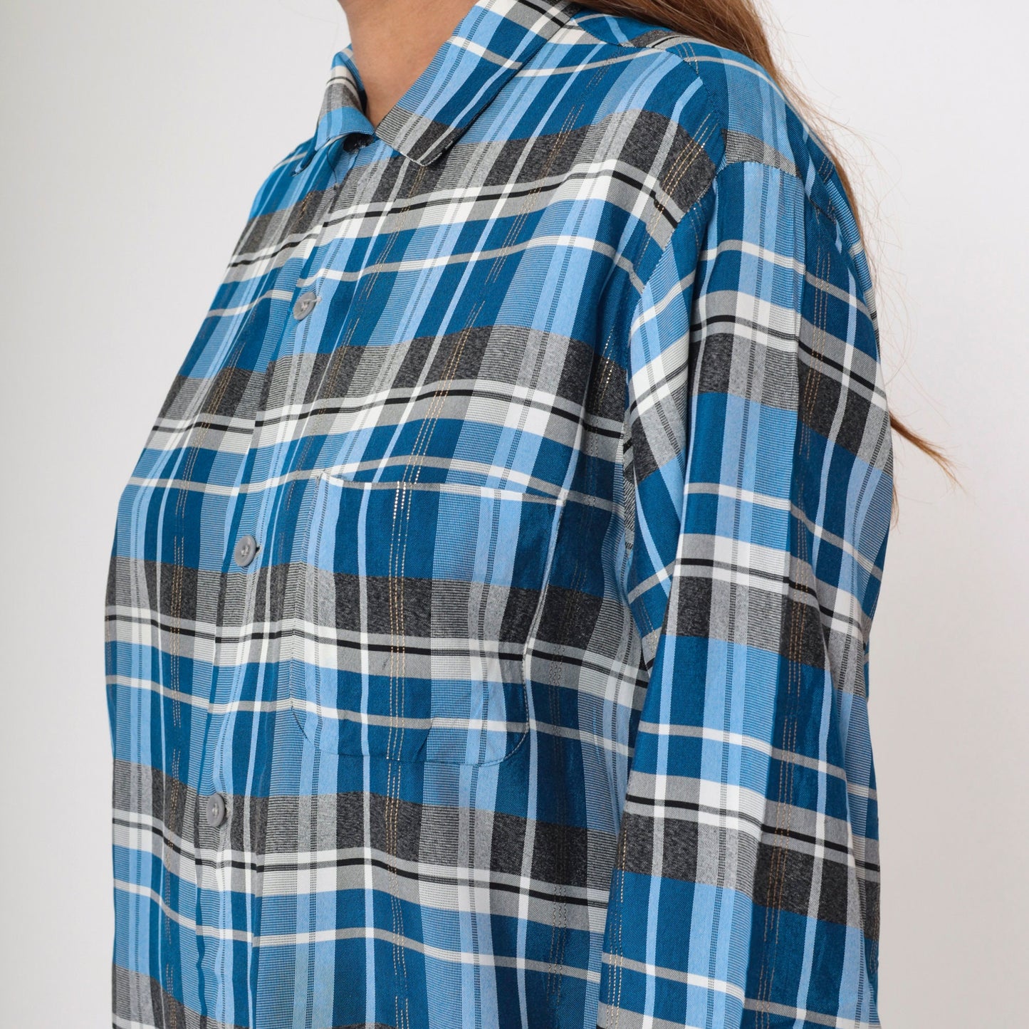 70s Metallic Plaid Blue Button-Up Shirt Pilgrim Western Long Sleeve Large