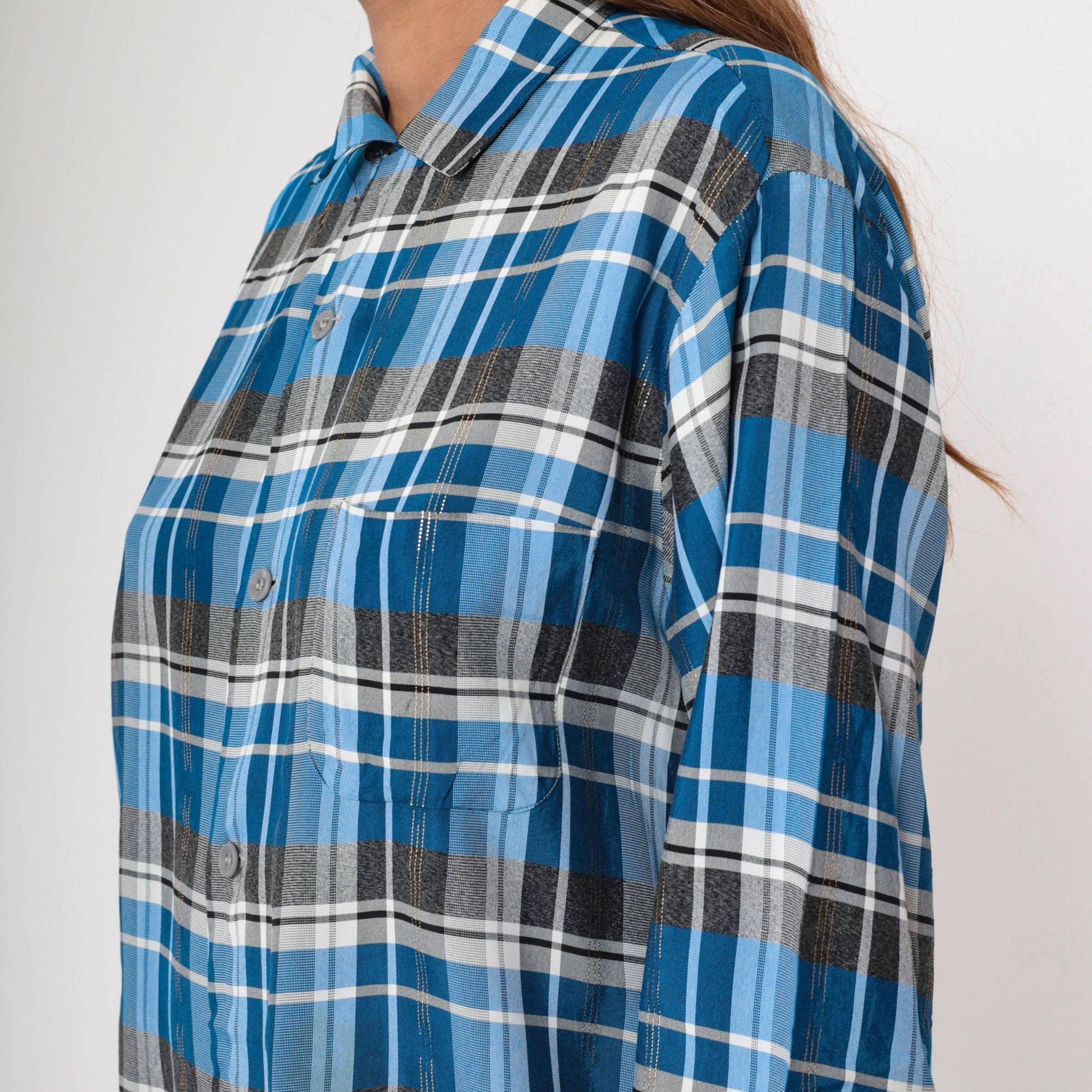 70s Metallic Plaid Blue Button-Up Shirt Pilgrim Western Long Sleeve Large