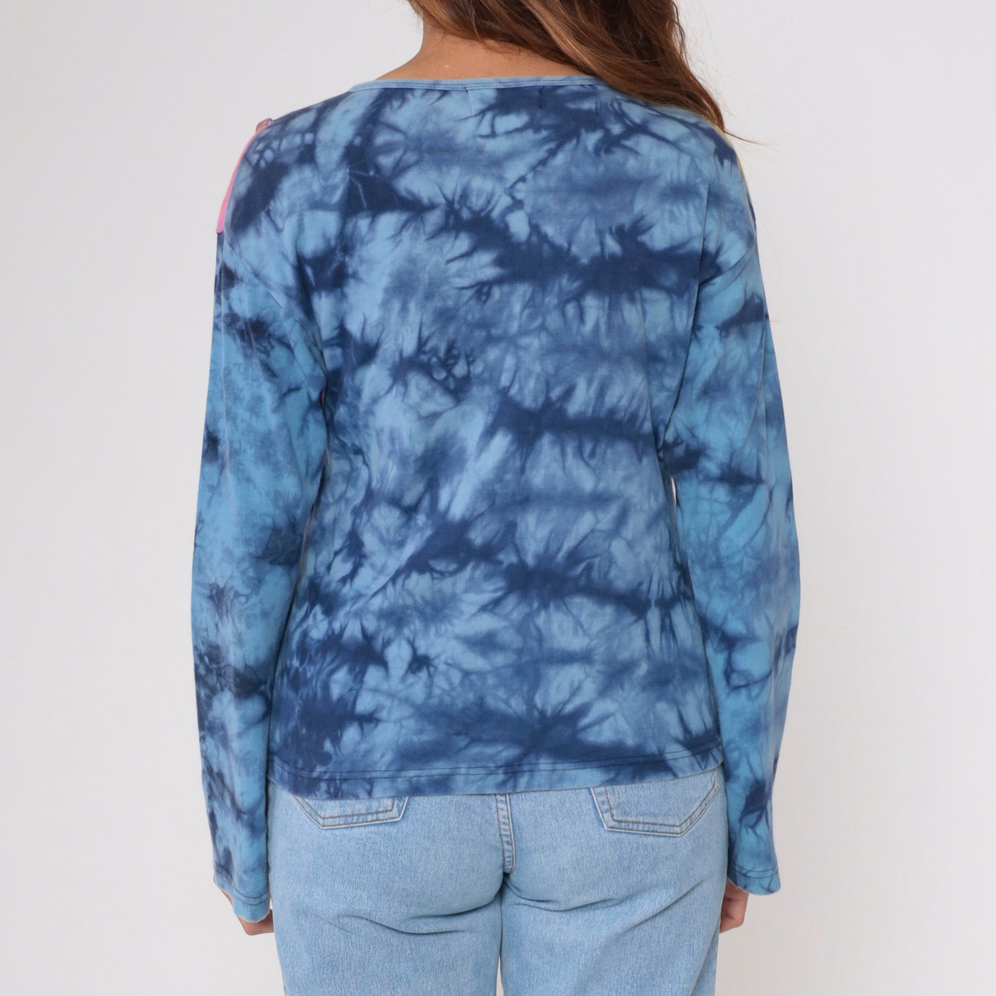 00s Tie Dye Panel Long Sleeve T Shirt Blue Green Yellow Purple Cotton Medium