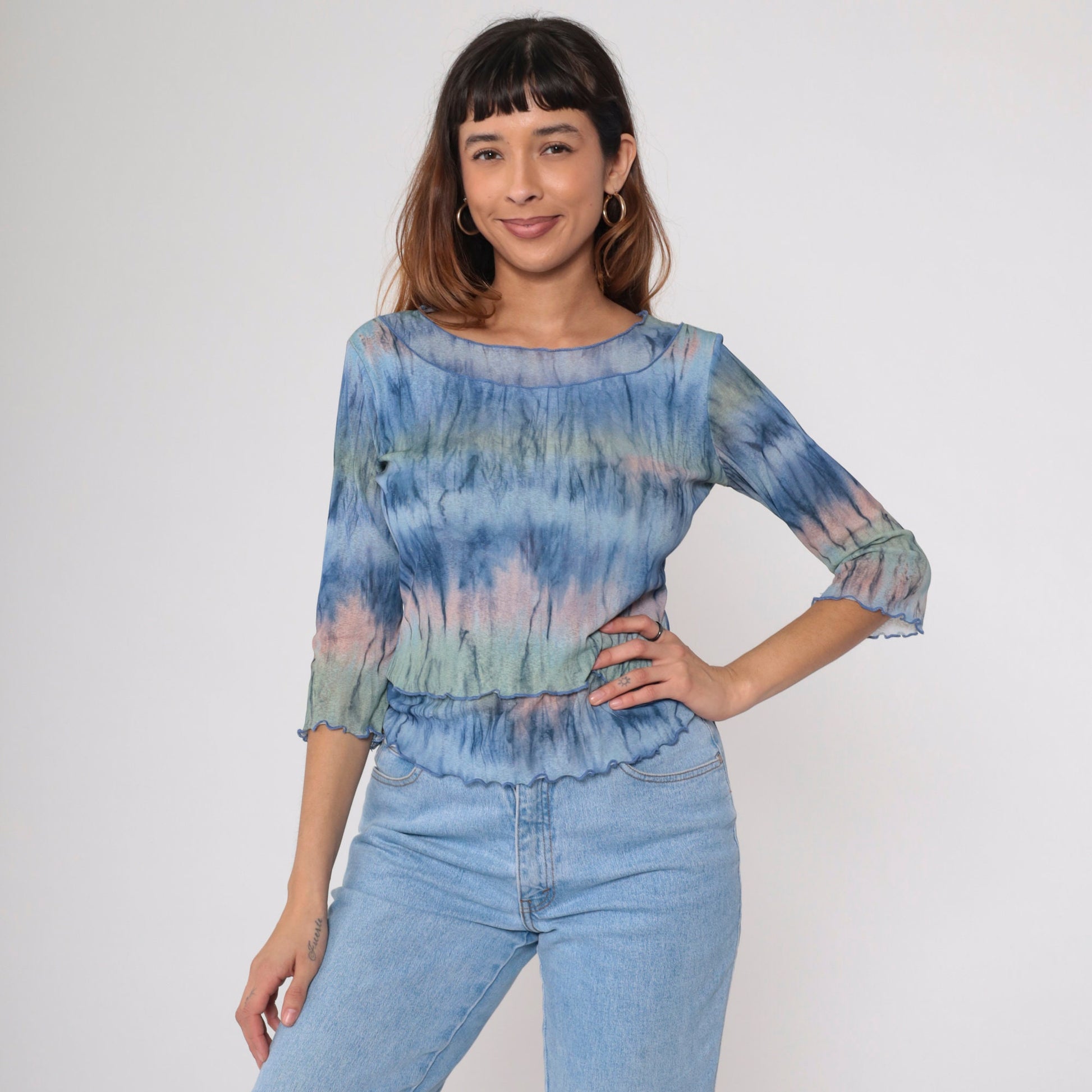 Y2K Tie Dye 3/4 Sleeve Top Lettuce Edge Semi-Sheer Blue Pink Green Medium