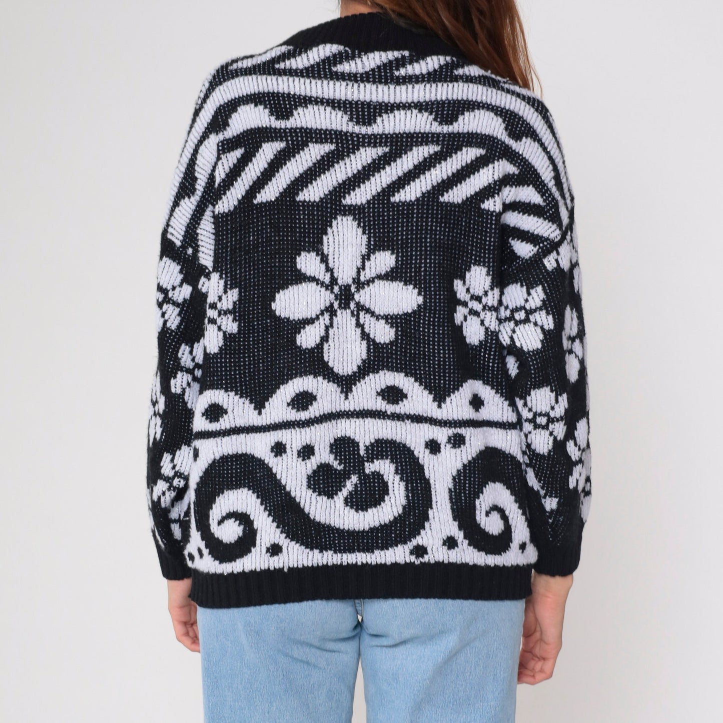 80s Black White Metallic Floral Knit Sweater Glitter Swirl Pullover Large L