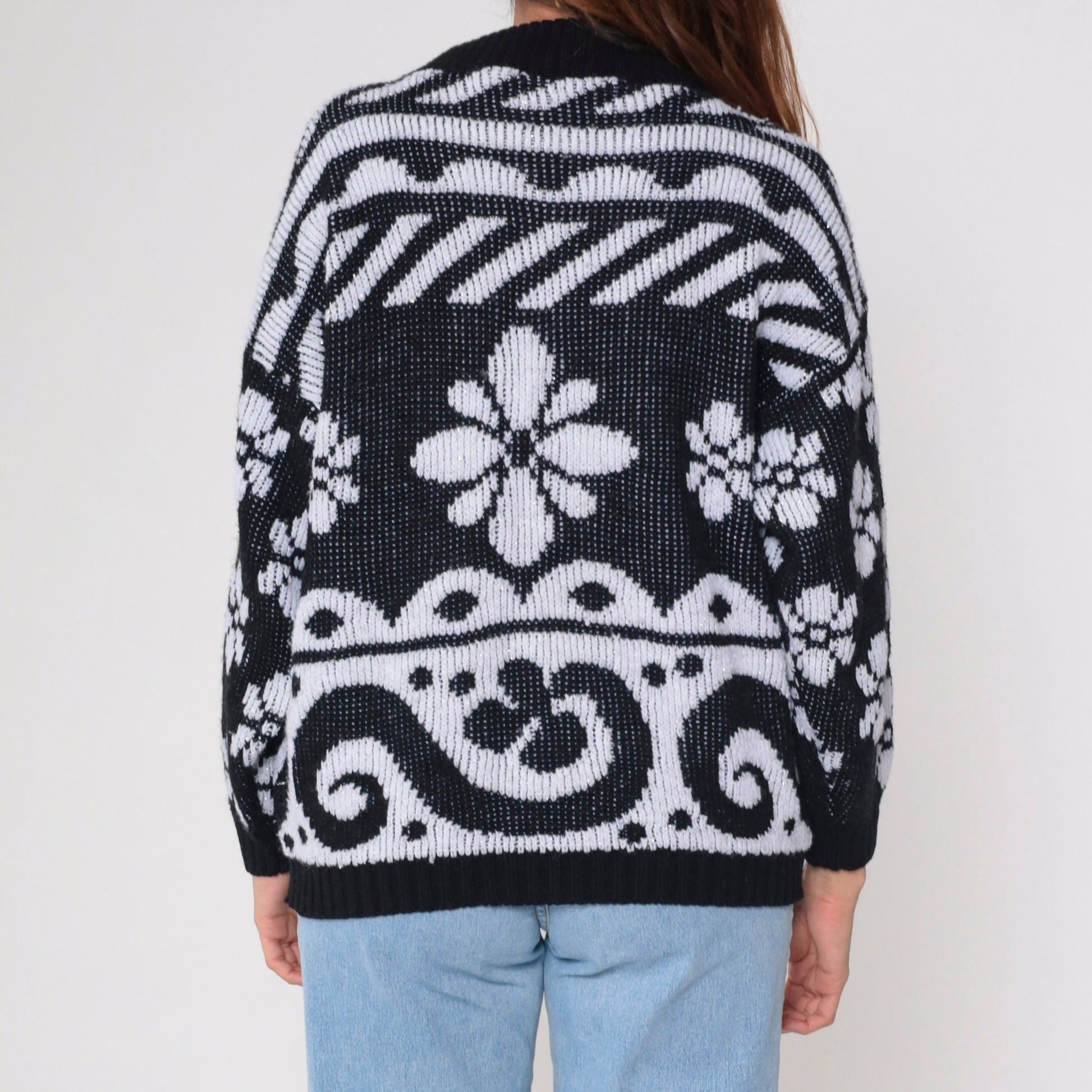 80s Black White Metallic Floral Knit Sweater Glitter Swirl Pullover Large L