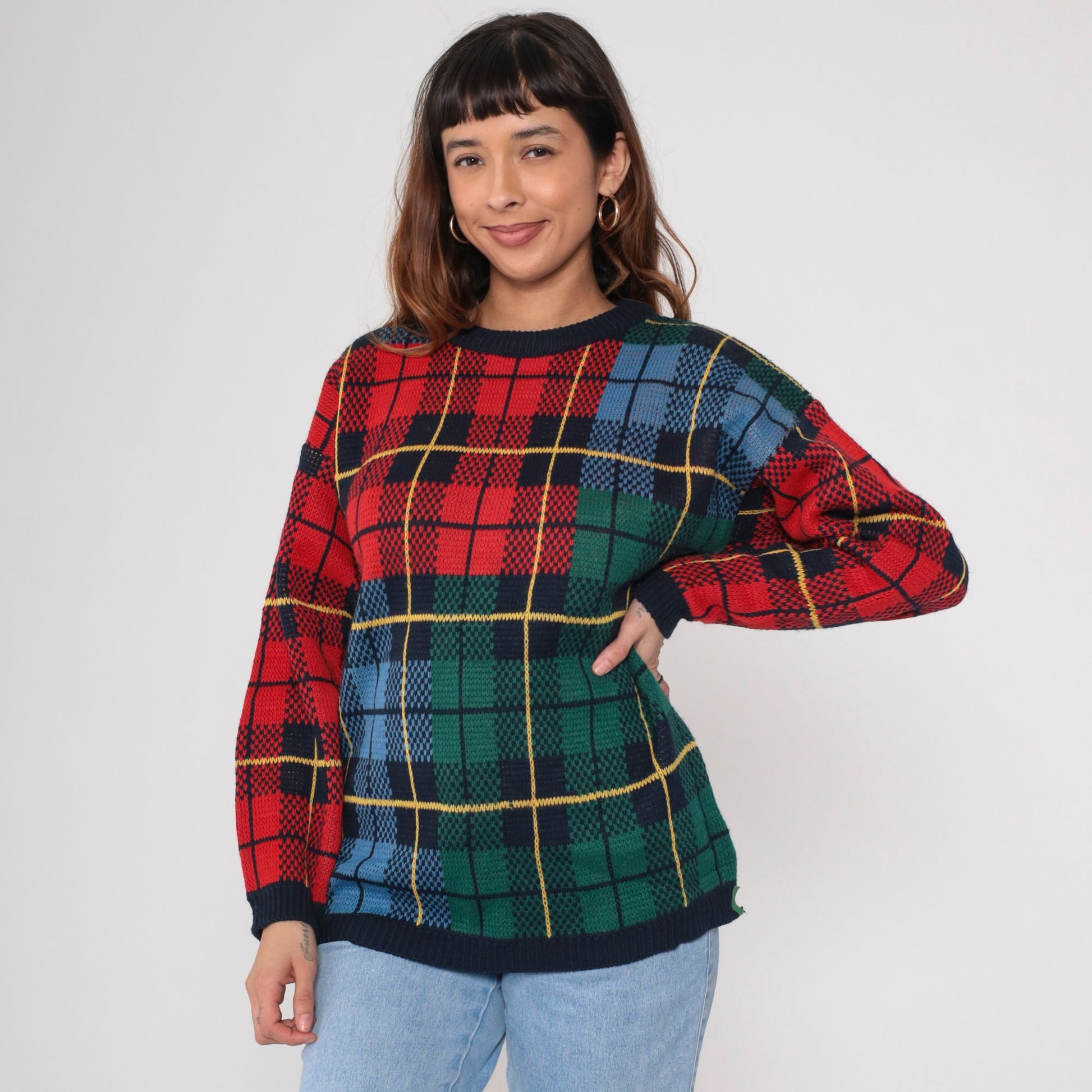 90s Silvercord Plaid Colour Block Sweater Red Green Blue Tartan Crewneck Medium