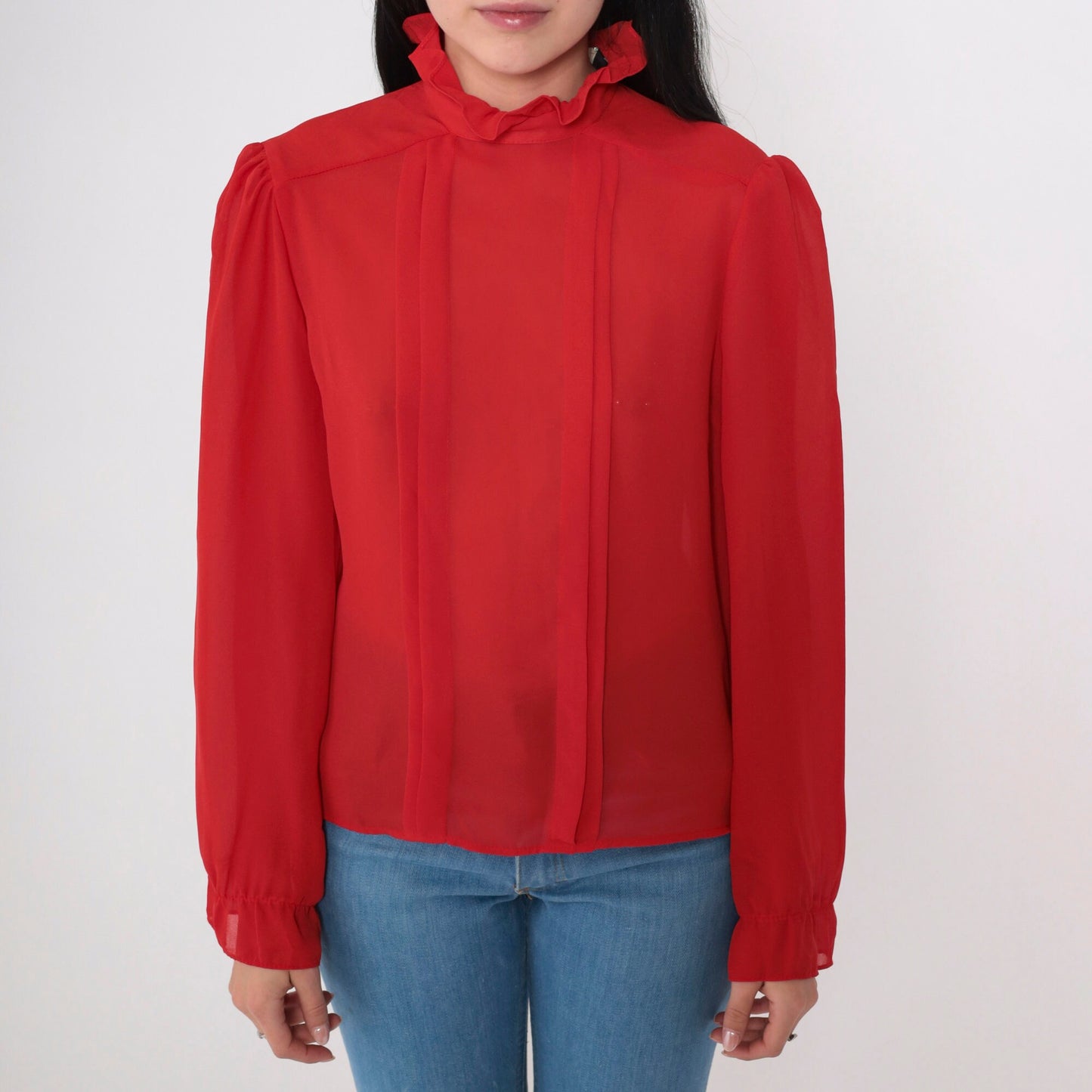 80s Red Puff Sleeve Blouse High Ruffled Neck Pleated Semi-Sheer Medium