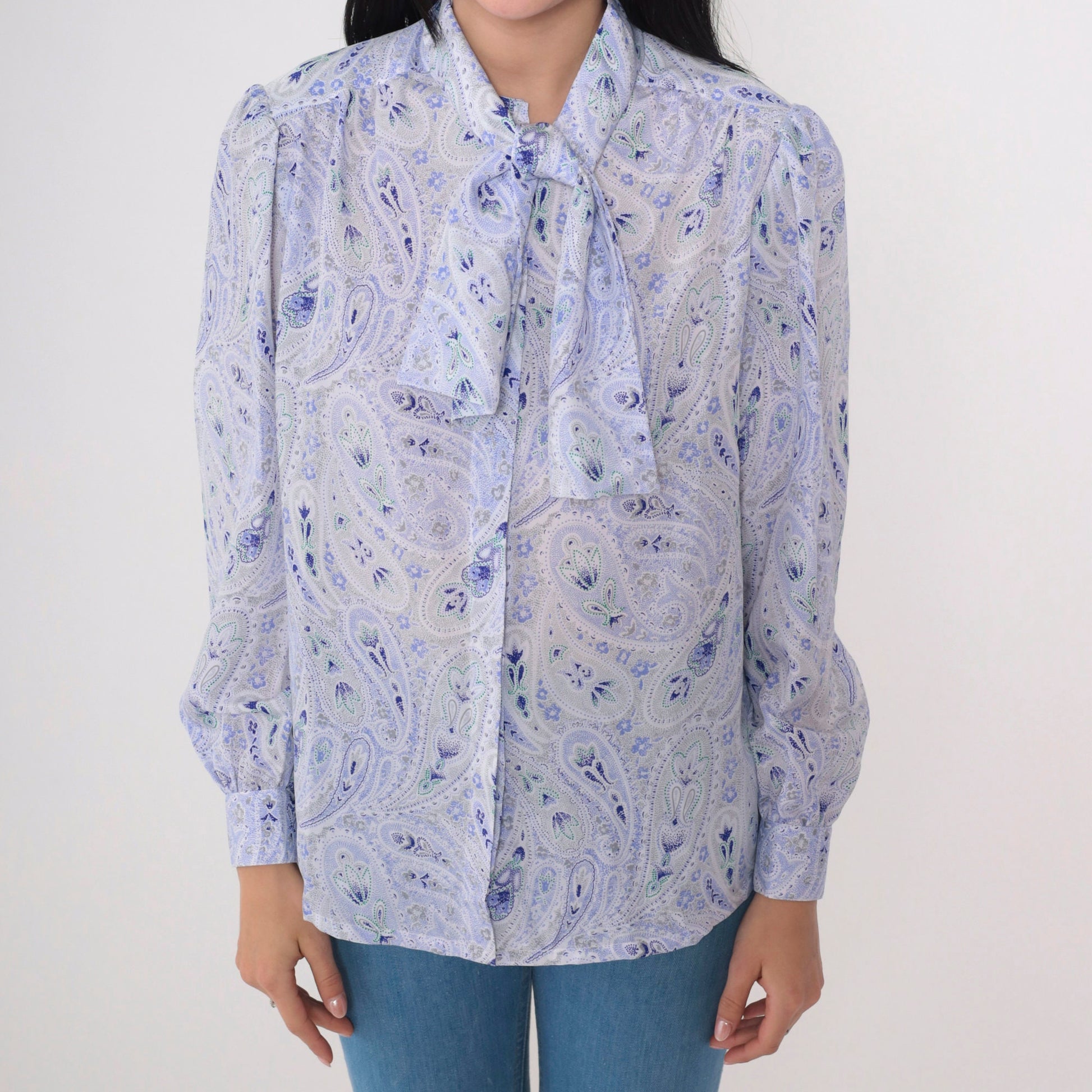 70s Paisley Ascot Blouse Purple White Puff Sleeve Button Up Medium M