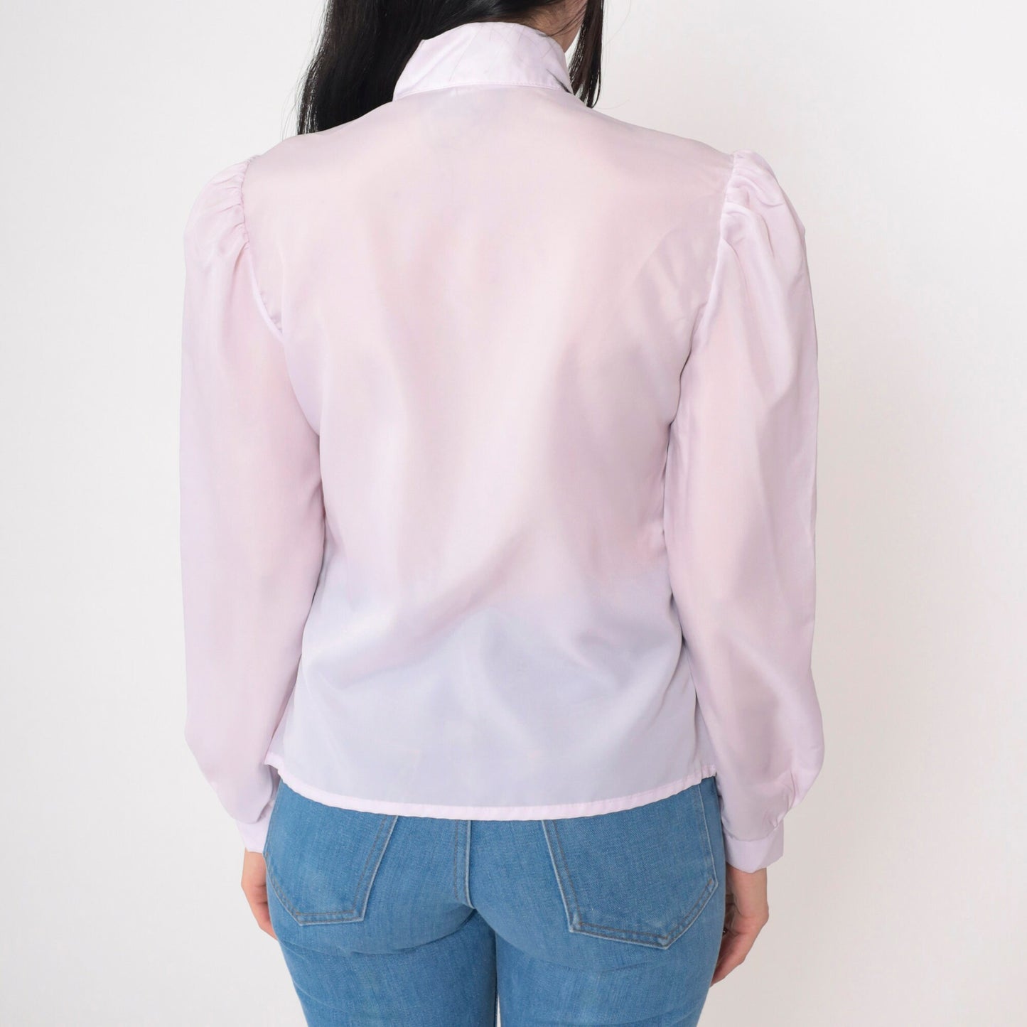 70s Lavender Embroidered Blouse Floral Cutwork Puff Sleeve Button Up Small