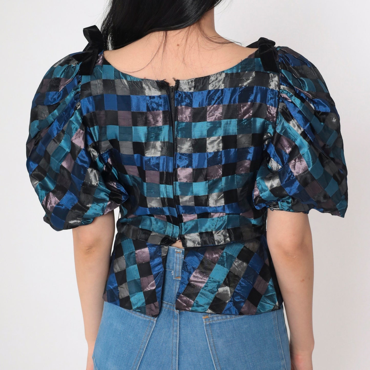 60s Charles Glueck Checkered Peplum Blouse Puff Sleeve Blue Black Extra Small