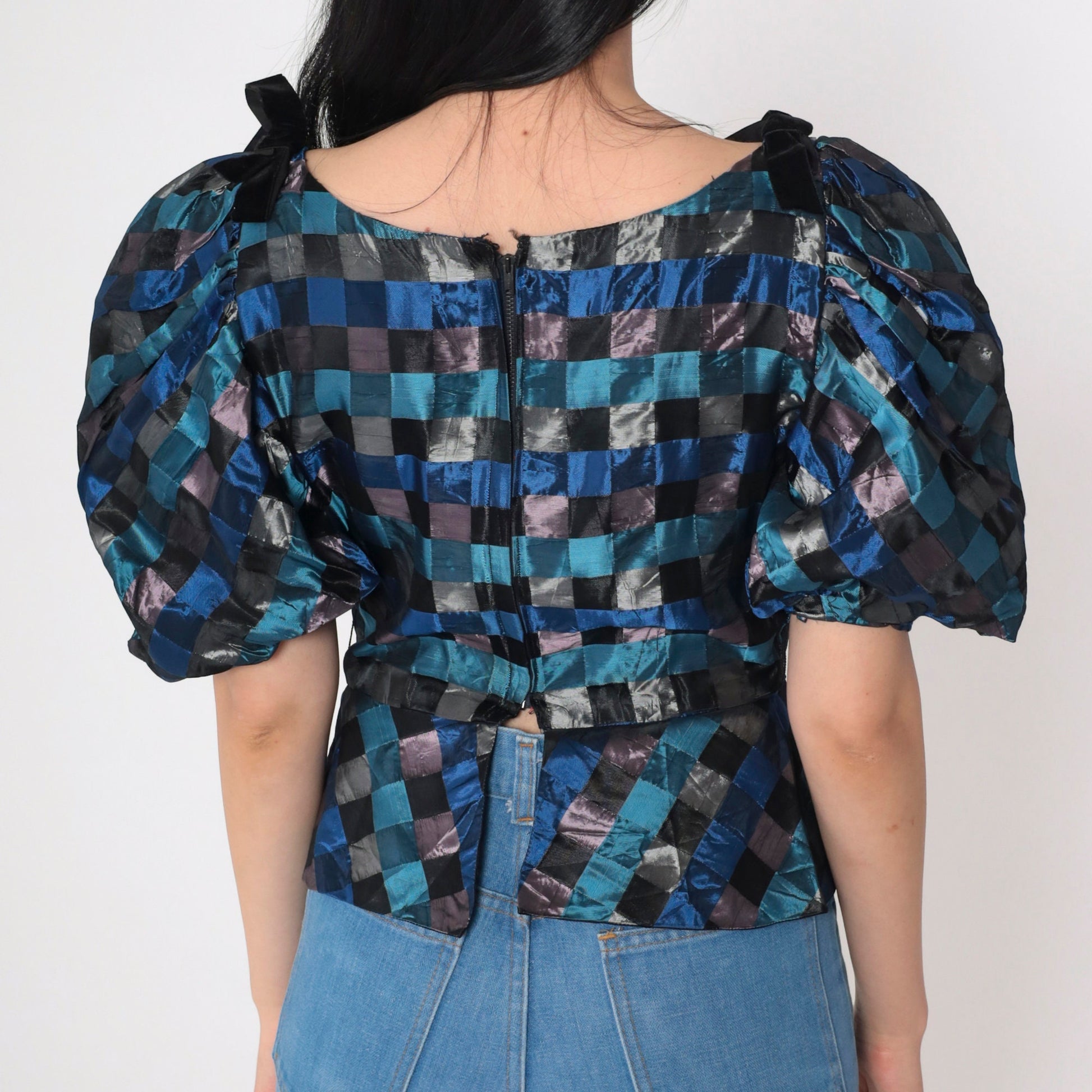 60s Charles Glueck Checkered Peplum Blouse Puff Sleeve Blue Black Extra Small