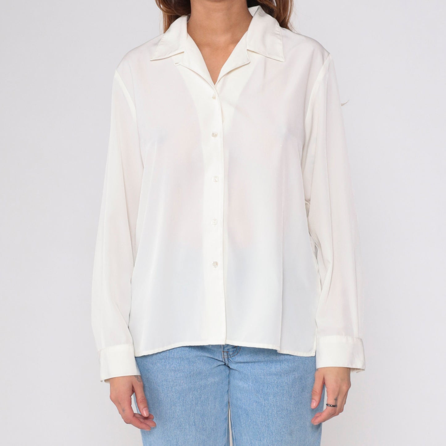 90s White Button-Up Blouse Long Sleeve Collared Shirt Large L