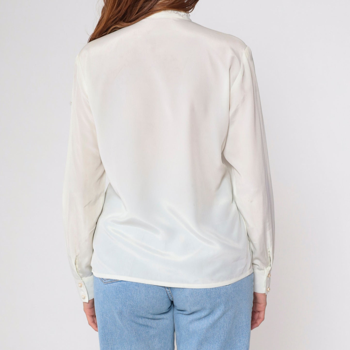 80s White Pearl Beaded Blouse Soutache Stand Collar Button-Up Medium