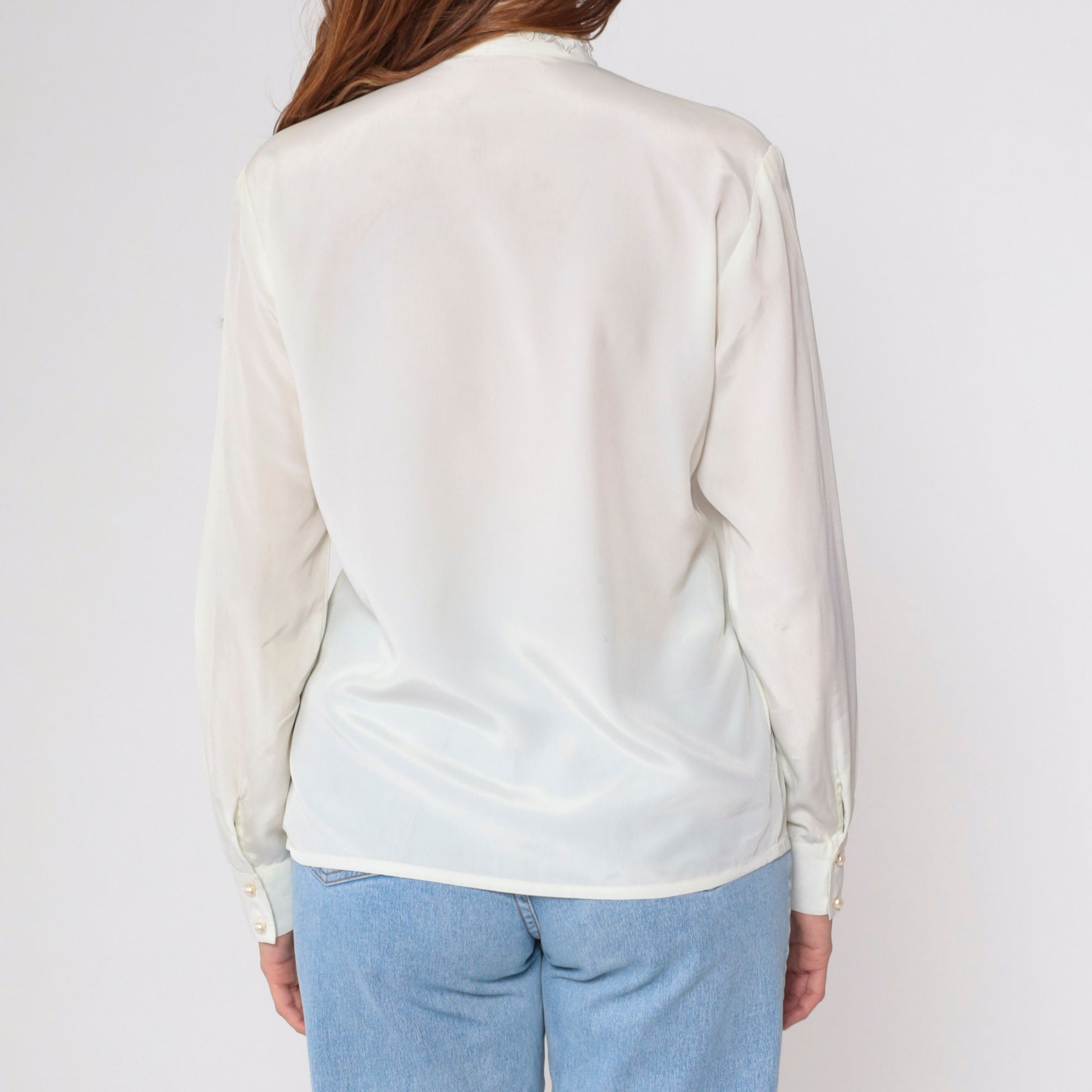 80s White Pearl Beaded Blouse Soutache Stand Collar Button-Up Medium