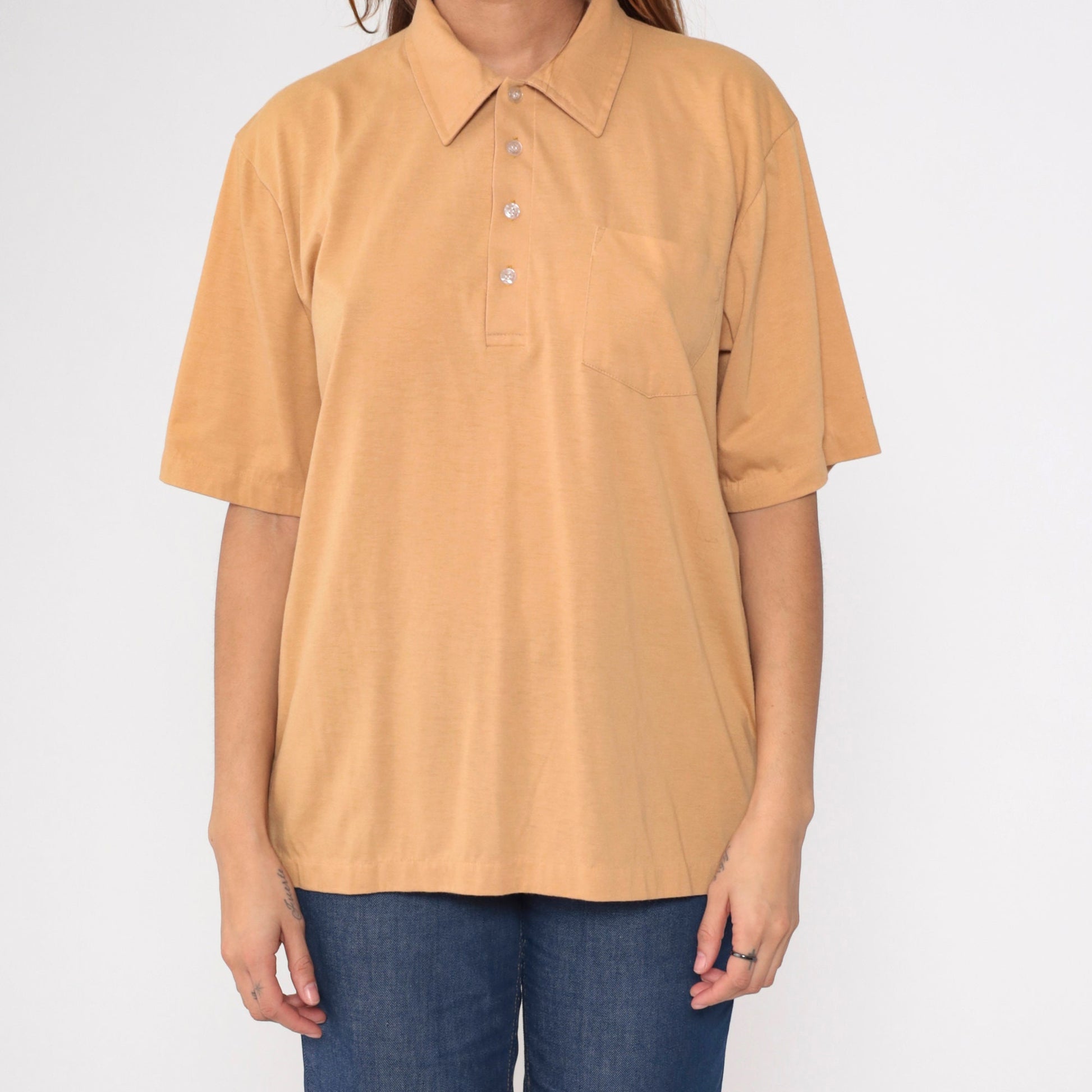 70s Light Brown Polo Shirt Button-Up Short Sleeve Collared Men's XL