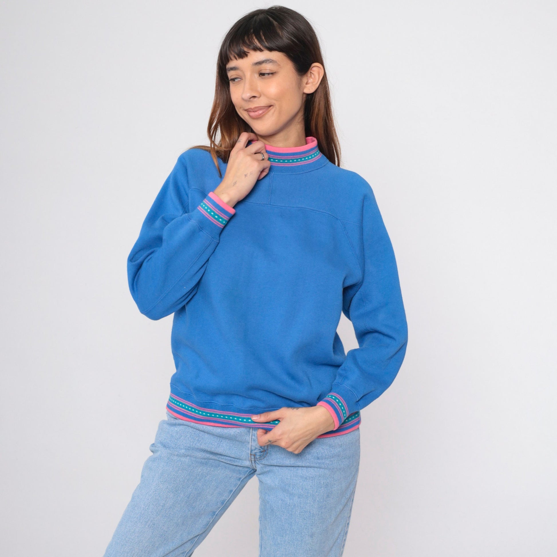 90s Blue Mock Neck Sweatshirt Pink Ringer Trim Small