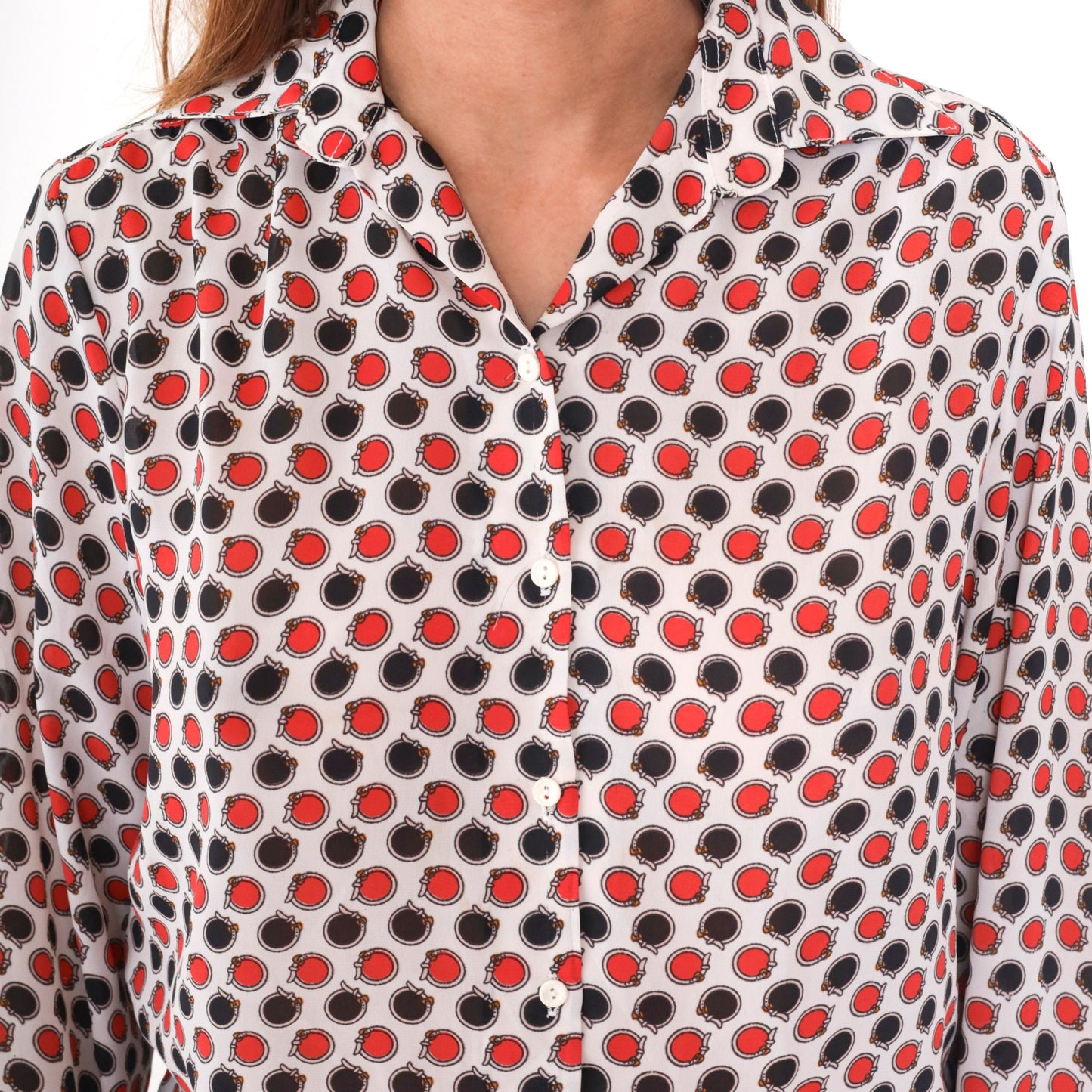 70s Circle Belt Print Button-Up Blouse Polka Dot Red Black White Medium