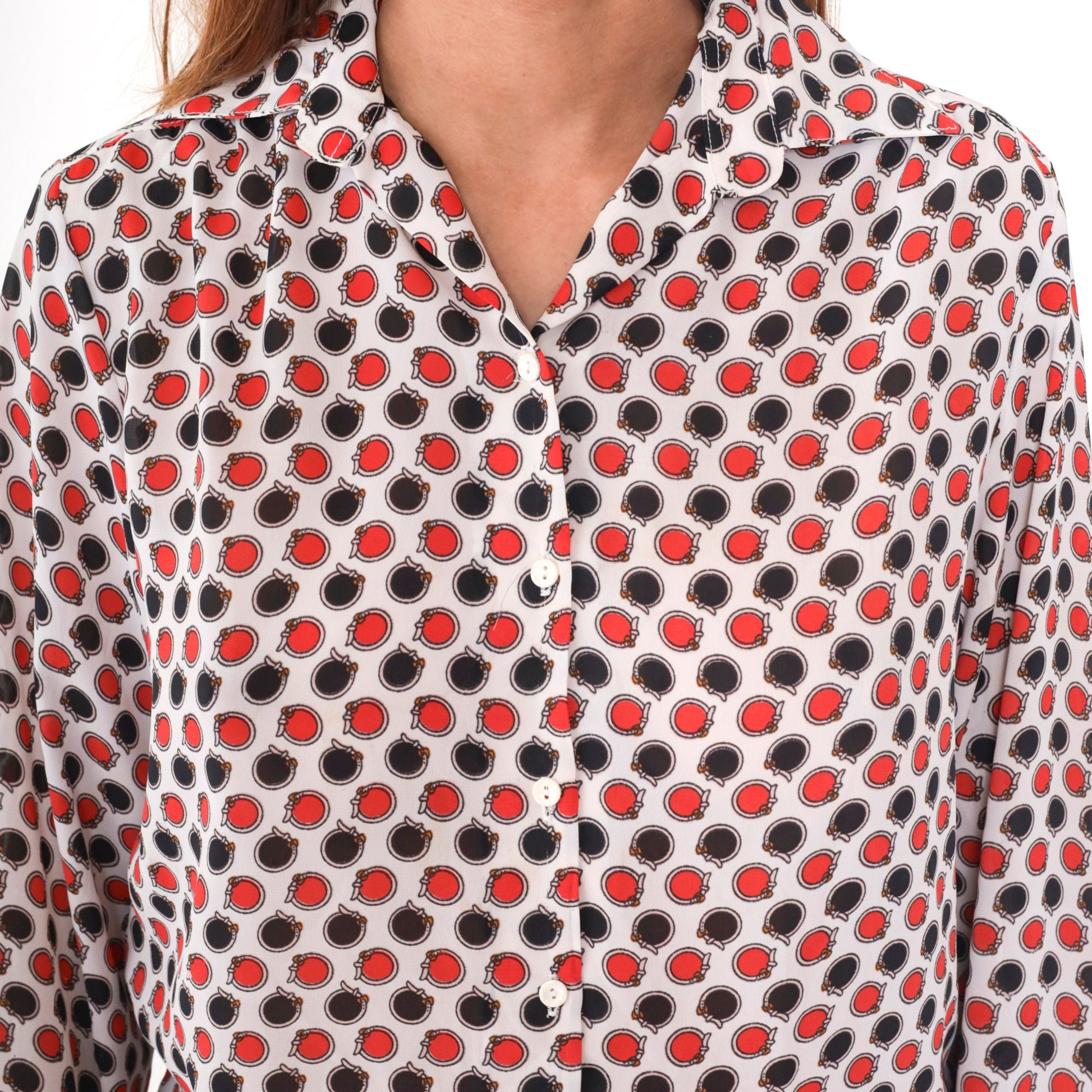 70s Circle Belt Print Button-Up Blouse Polka Dot Red Black White Medium