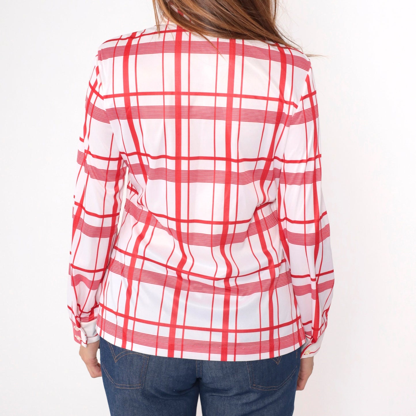 70s Jack Winter Plaid Button-Up Blouse Red White Dagger Collar Medium