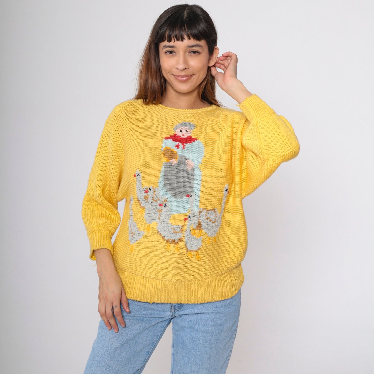 80s Mother Goose Farm Animal Yellow Dolman Sweater Novelty Knit Small