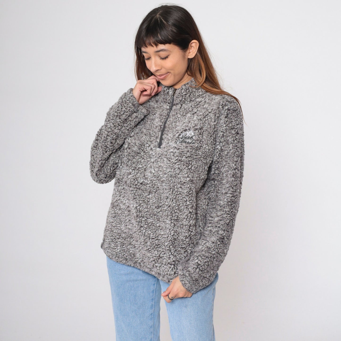 90s Vail Colorado Fleece Quarter Zip Mock Neck Sweatshirt Grey Large L