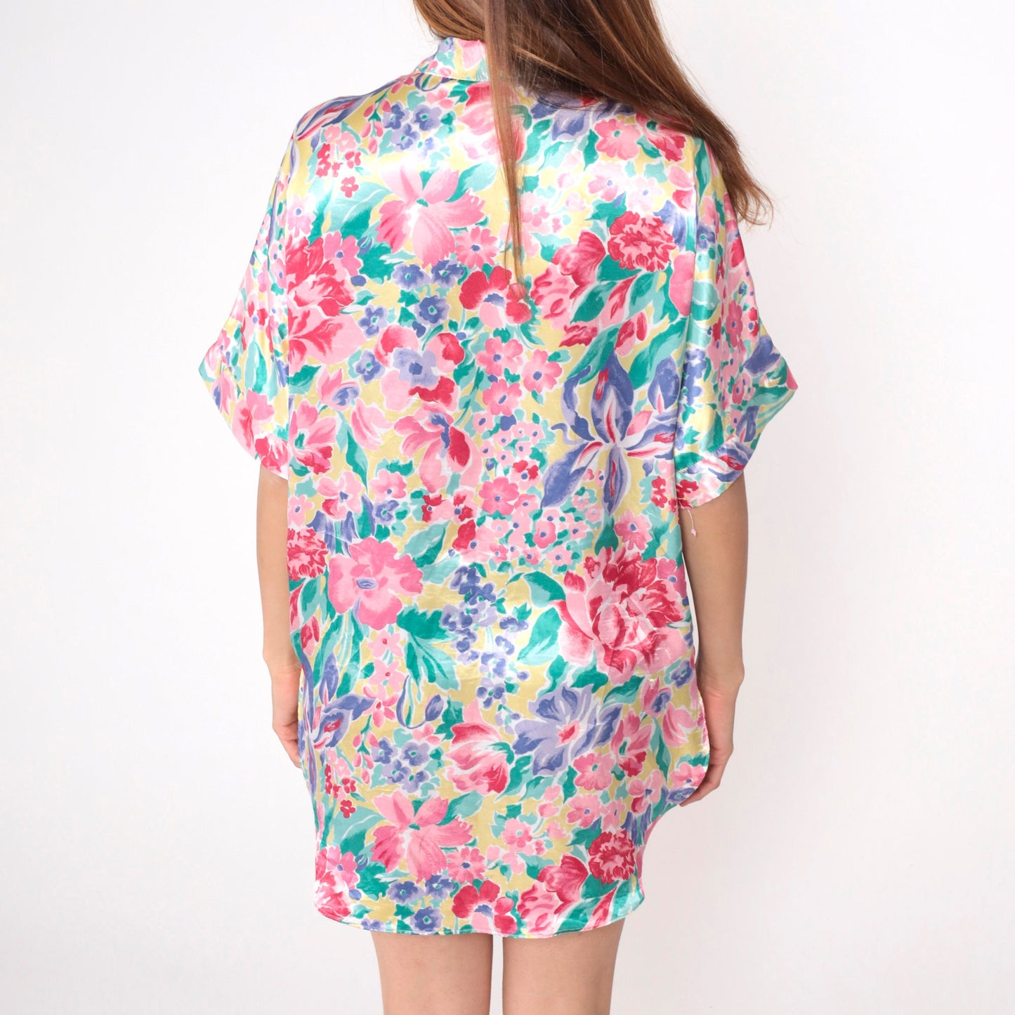 90s Nordstrom Floral Satin Nightgown Mini Button-Up Short Sleeve Multicolor Large