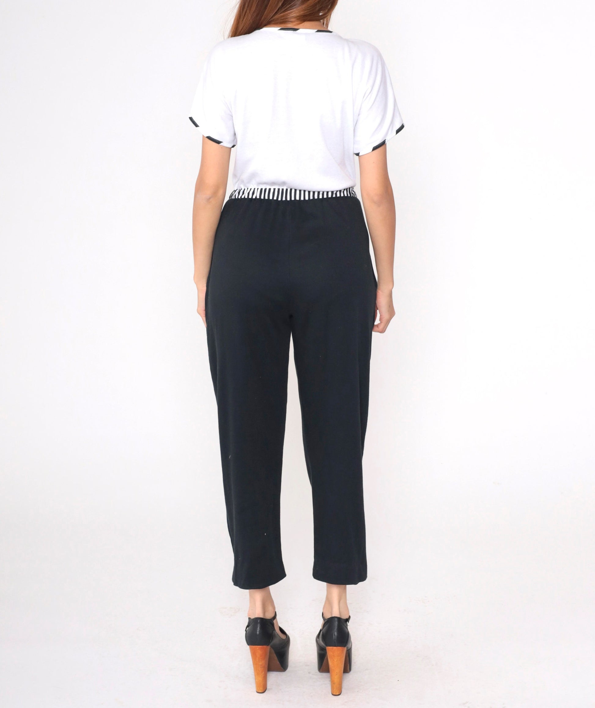 80s Dotti Nautical Jumpsuit Black White Striped Anchor Embroidered Medium