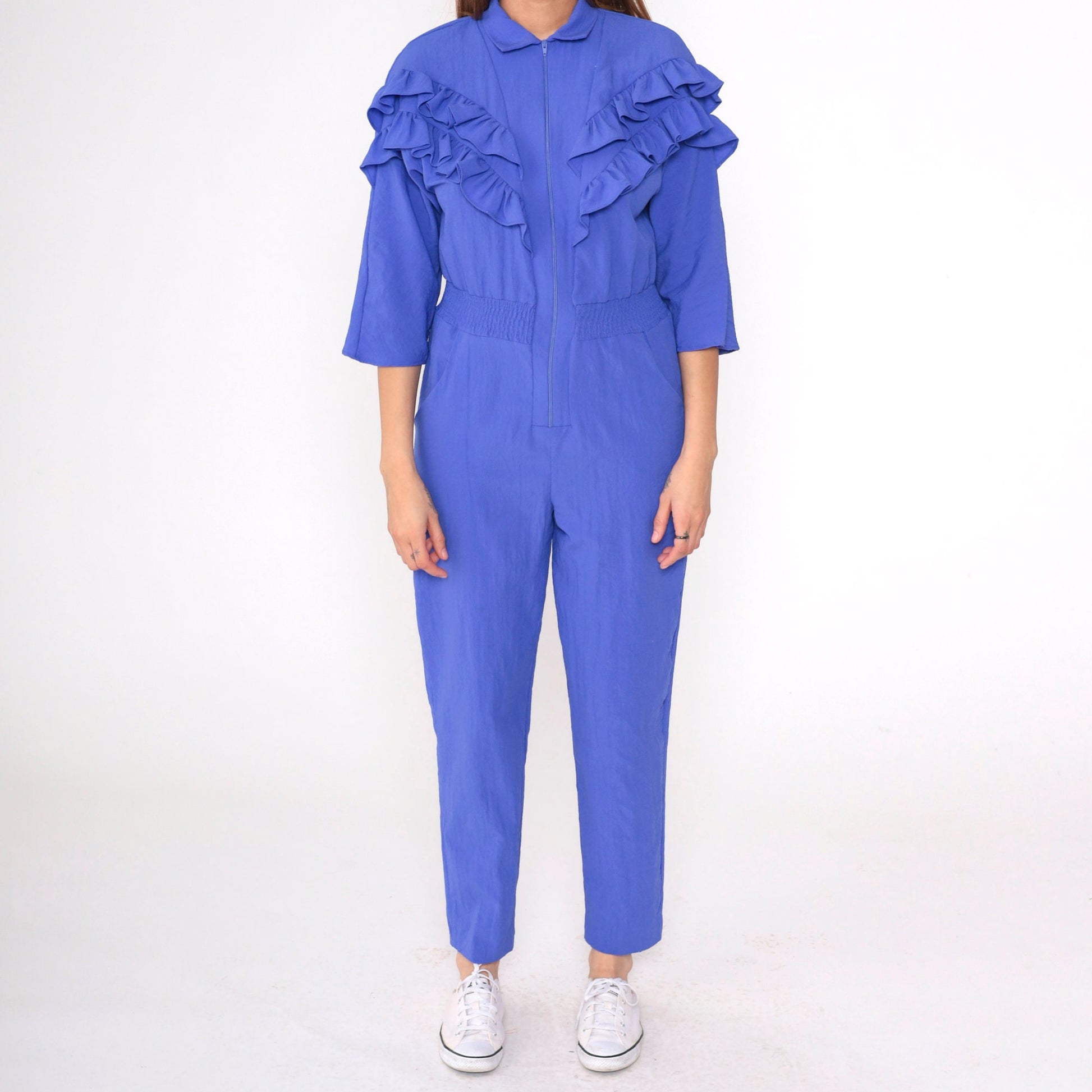 80s Purple Ruffled Jumpsuit High Waisted Tapered Zipper Front 3/4 Sleeve Medium Petite