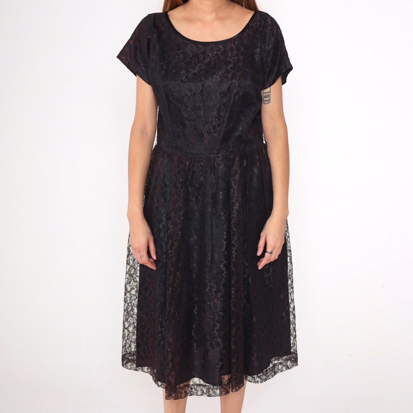 1960s Brown Lace Dress Tea Length High Waist Short Sleeve Black Lining Large L