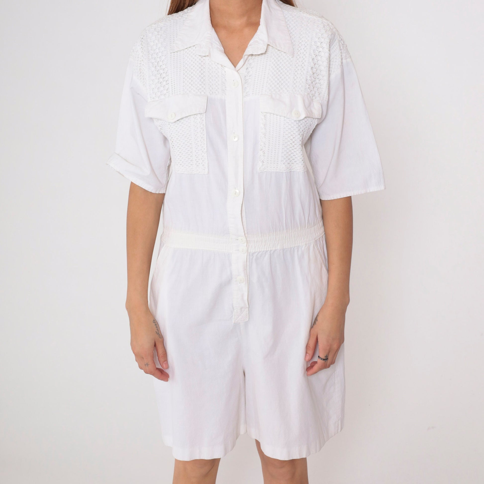 80s White Cotton Mesh Romper Button-Up Playsuit Short Sleeve Medium
