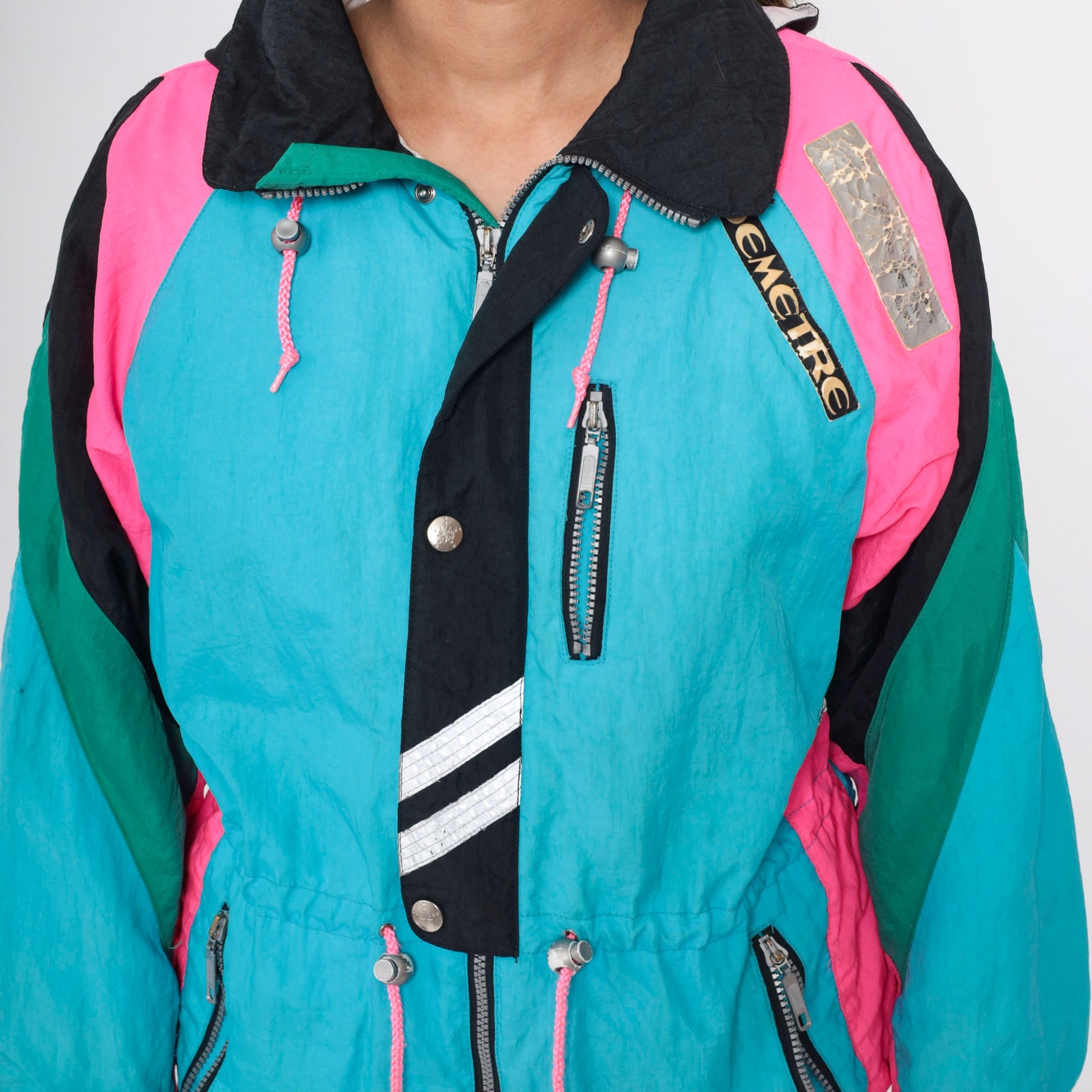 90s Demetre Ski Jacket Turquoise Hot Pink Color Block Puffer Small