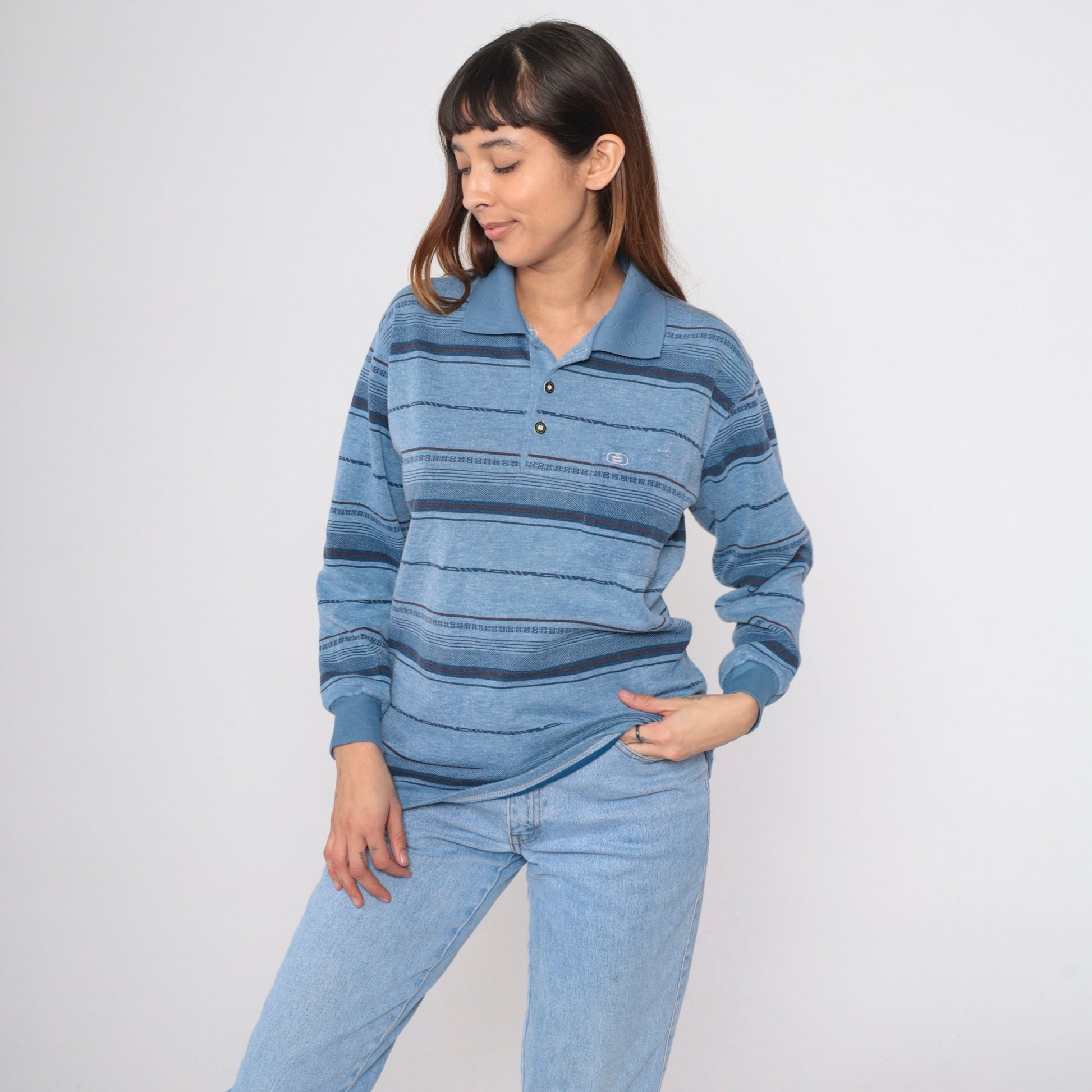 90s Blue Striped Long Sleeve Polo Shirt Men's Small