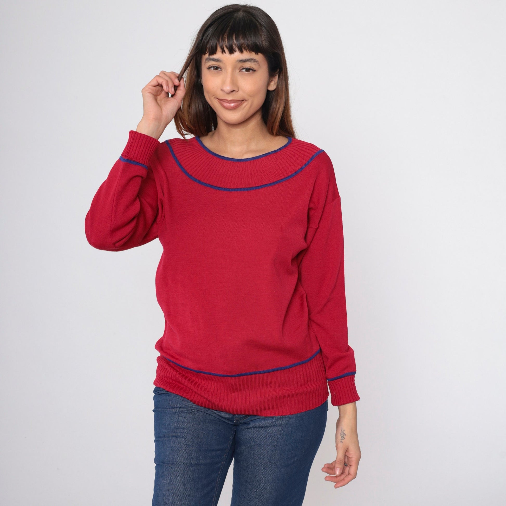 70s Goldworm Cherry Red Wool Sweater Blue Ringer Neck Pullover Small
