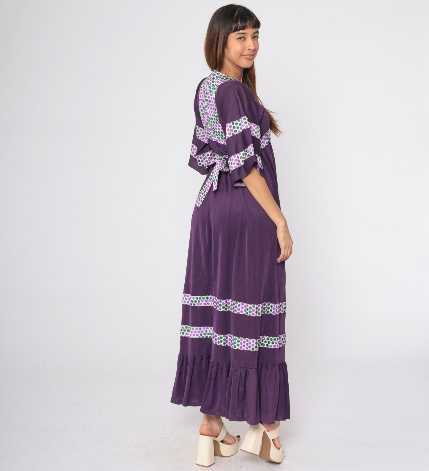 70s Deep Purple Polka Dot Maxi Dress Wide Sleeve Empire Waist Small