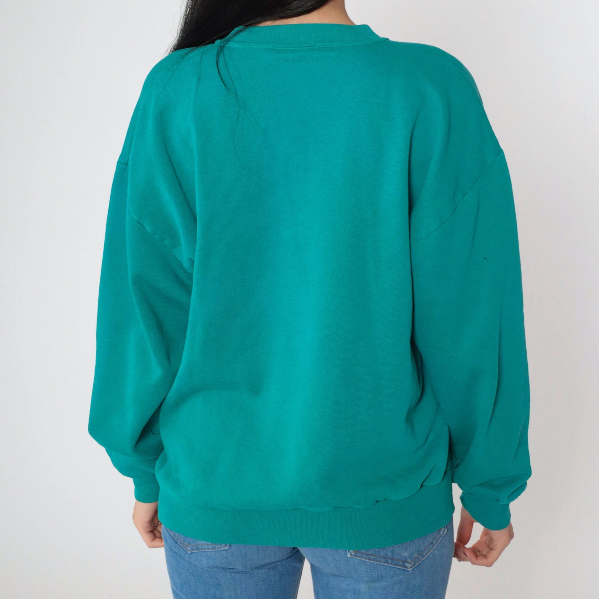 90s Teal Crewneck Sweatshirt Plain Long Sleeve Pullover Large