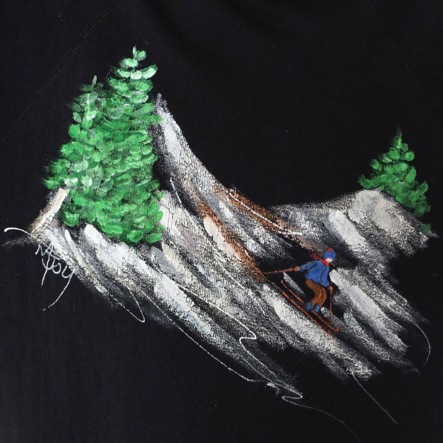 80s Tultex Hand Painted Ski Scene Sweatshirt Black Crewneck Raglan Medium