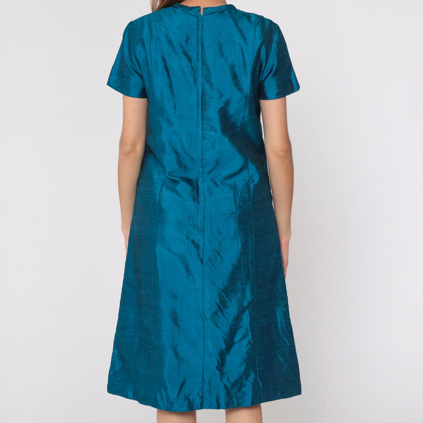 60s Iridescent Blue Silk Midi Dress A-Line Short Sleeve Medium