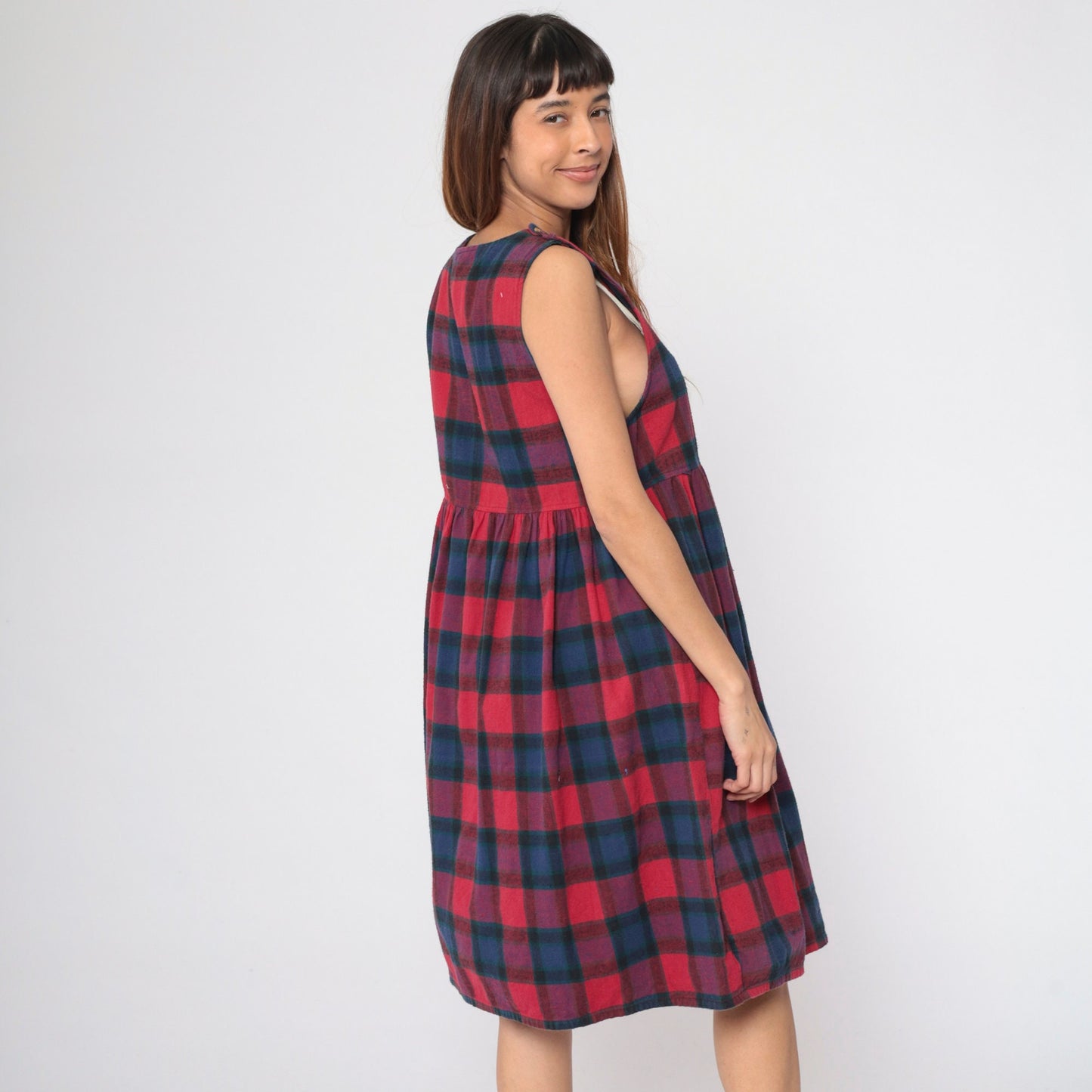 90s Plaid Midi Jumper Dress Button Straps Empire Waist Red Blue Checkered Small