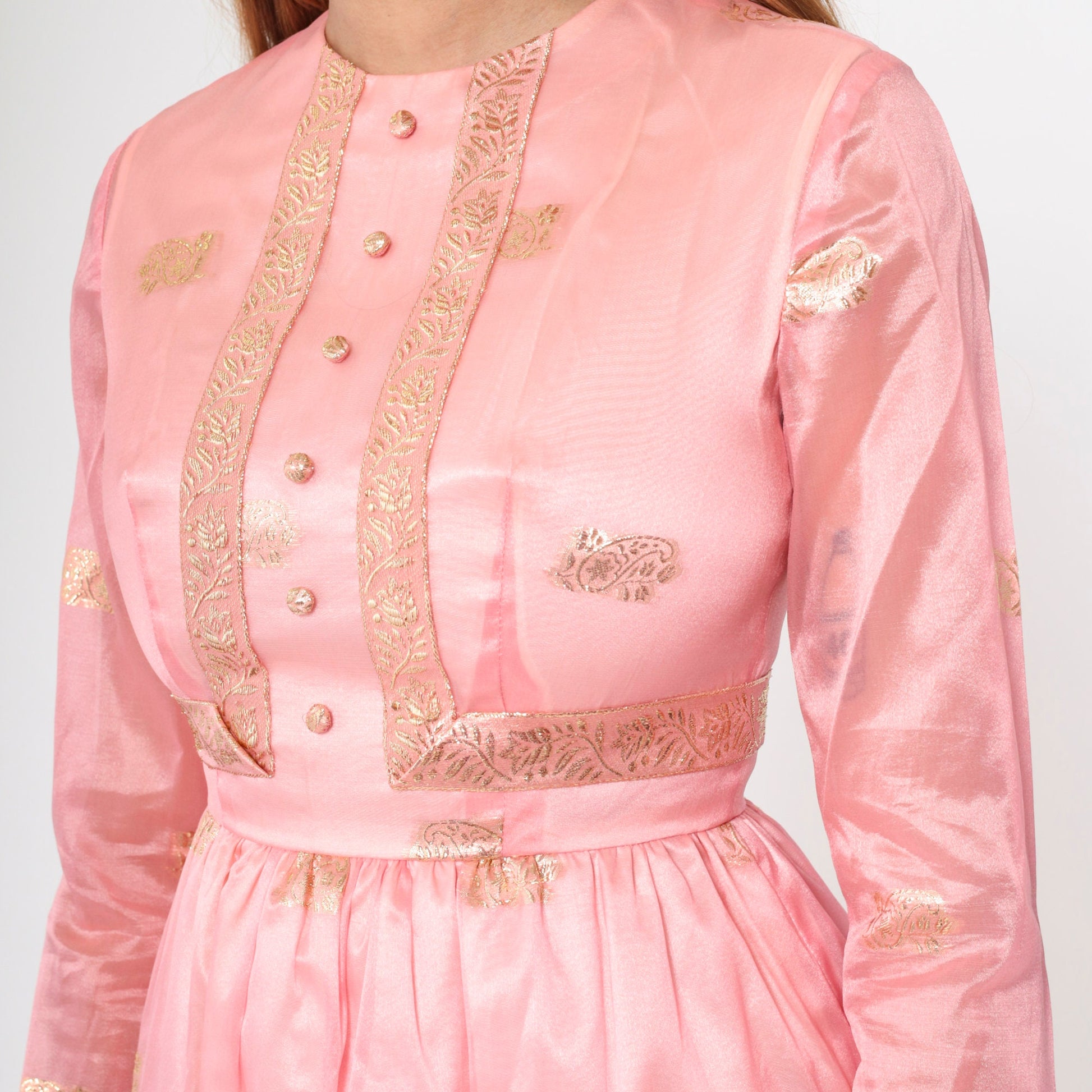 60s Pink Organza Maxi Dress Gold Embroidered Floral Paisley Long Sleeve Small