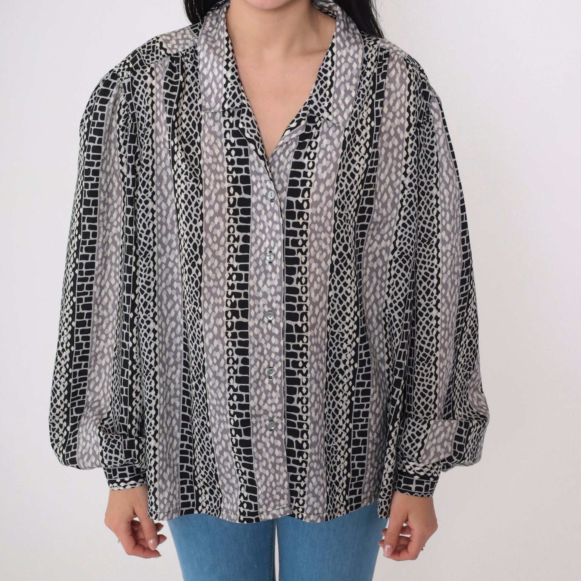 70s Geometric Striped Button-Up Blouse Red Balloon Sleeve Collared Shirt Large