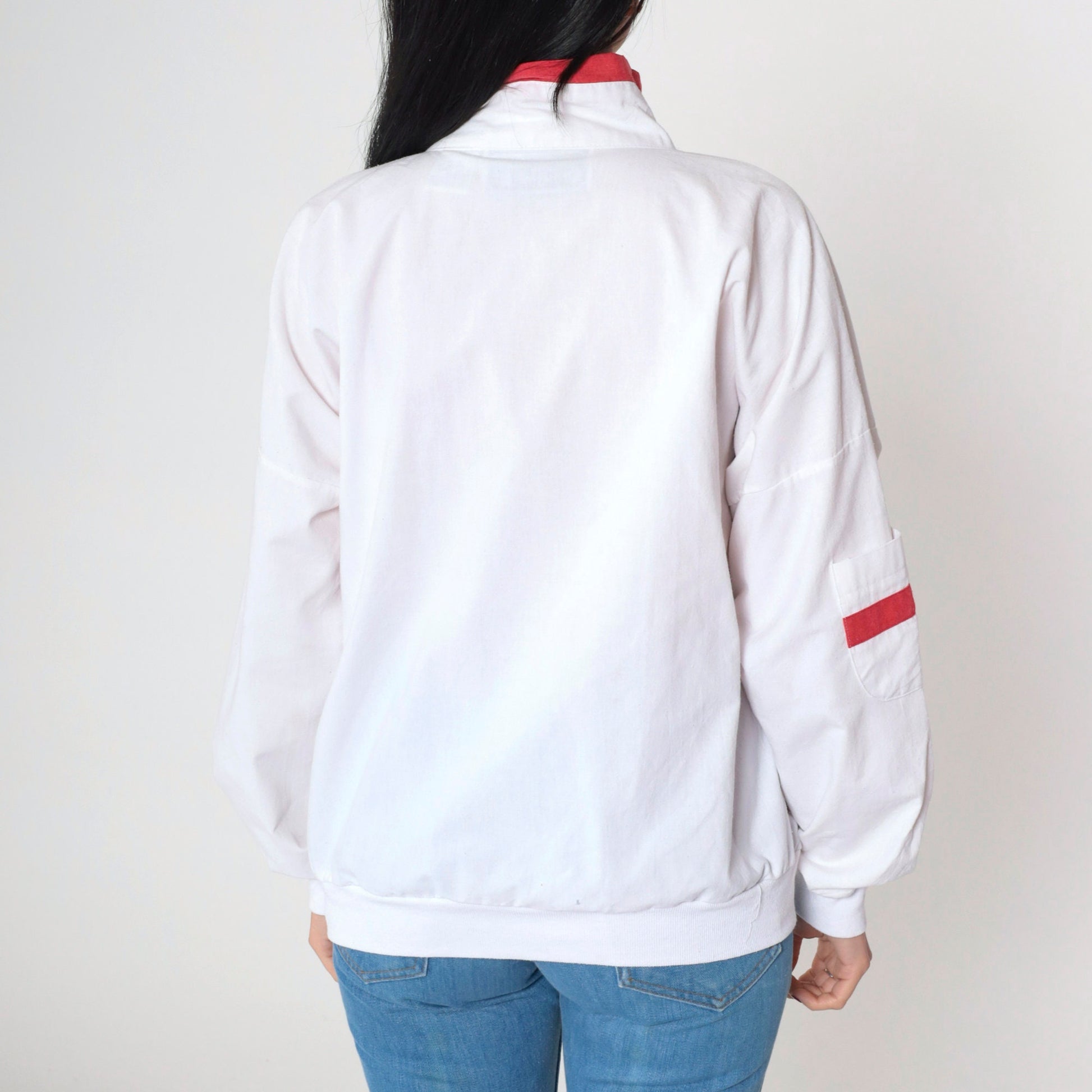 90s Striped Windbreaker Jacket White Red Zip-Up Small