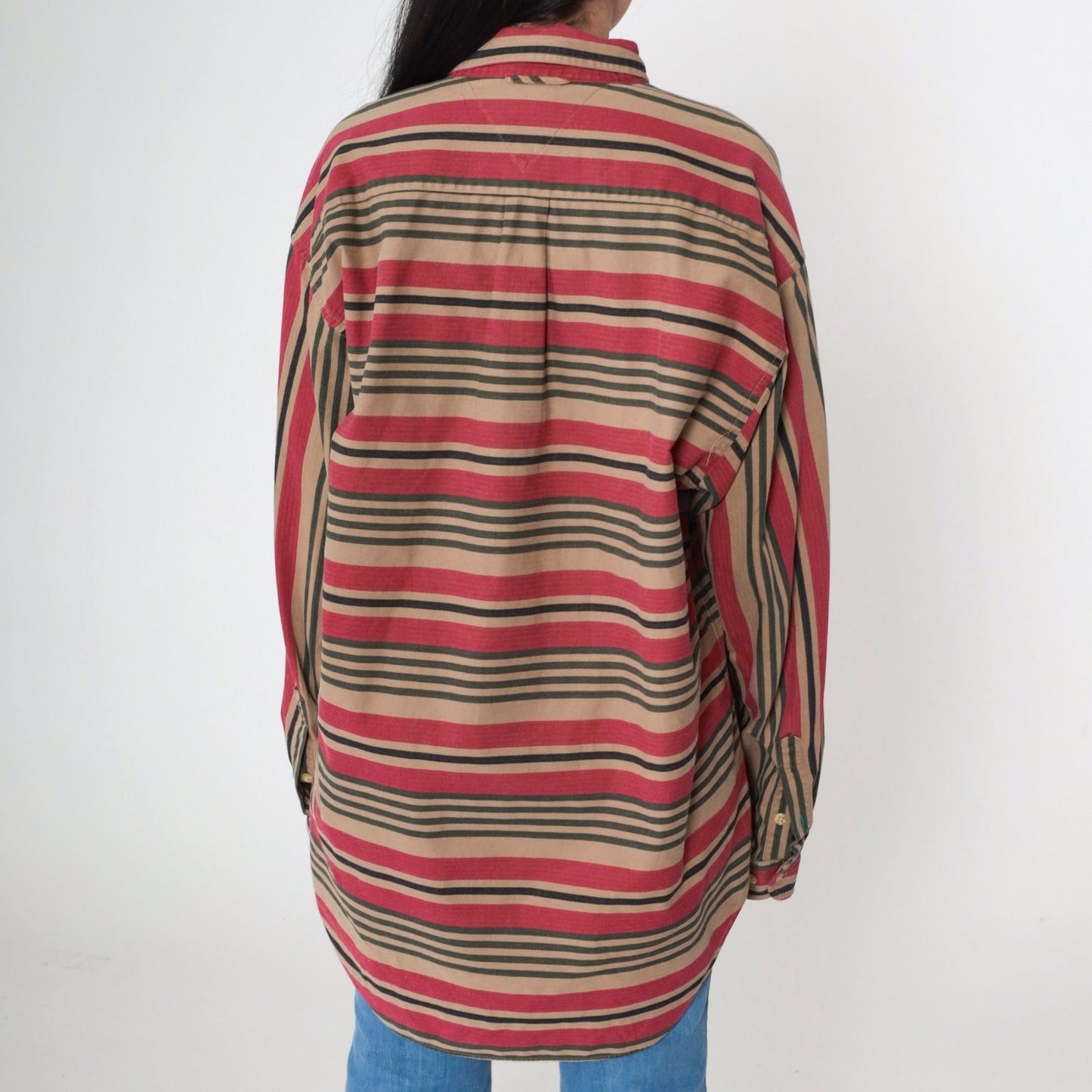 90s Tommy Hilfiger Striped Oxford Button Up Red Brown Cotton Large
