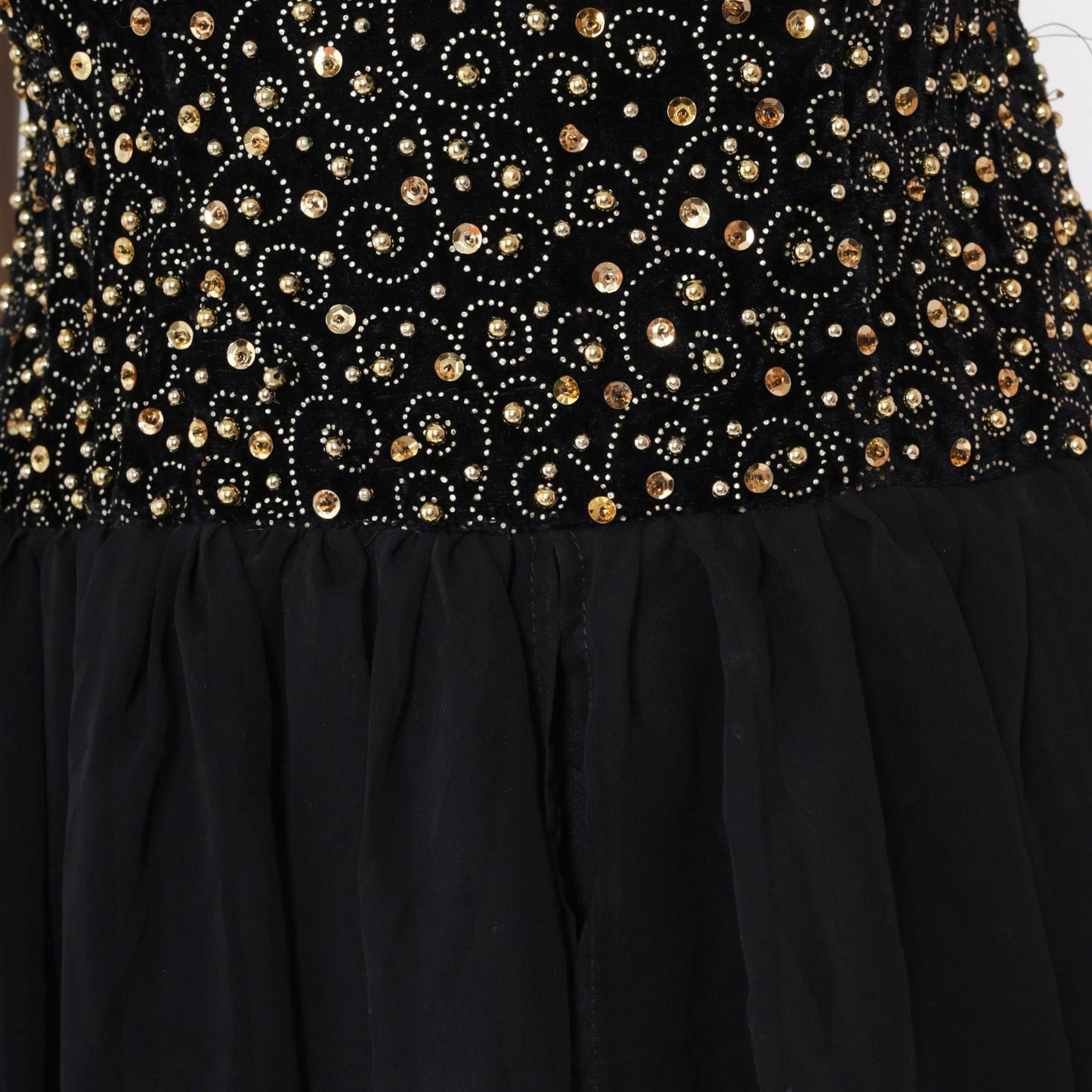 80s Black Velvet Beaded Chiffon Midi Dress Gold Sequins Spaghetti Strap Small
