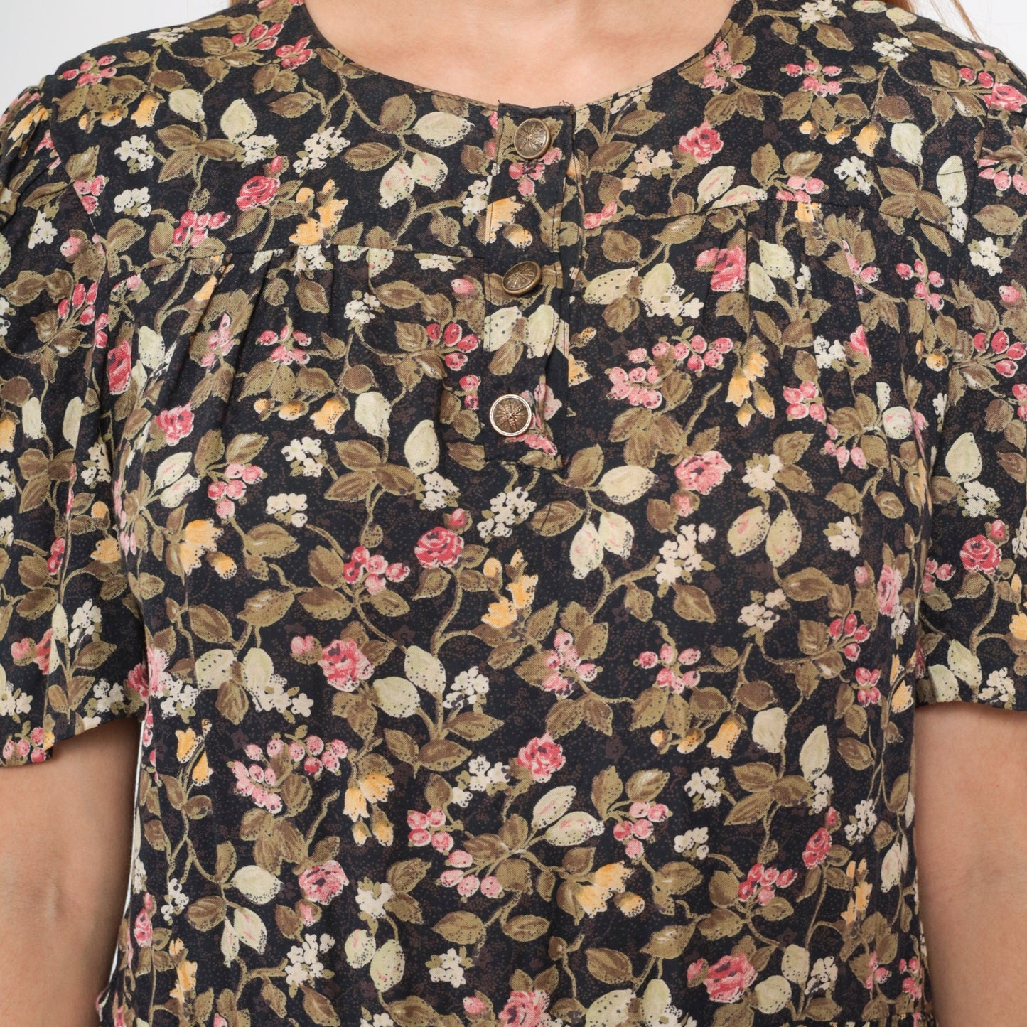 80s Floral Button-Up Midi Dress Black Olive Pink Puff Sleeve Smocked Small